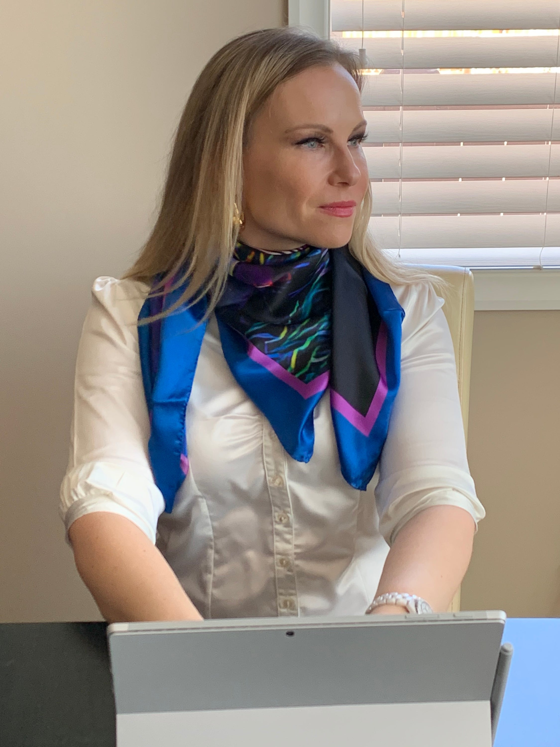 Calgary Skyline Ladies Scarf featuring the Peace Bridge design on luxurious Italian silk.