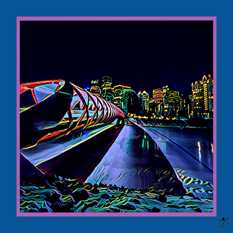 Calgary Skyline Ladies Scarf featuring the Peace Bridge design on luxurious Italian silk.