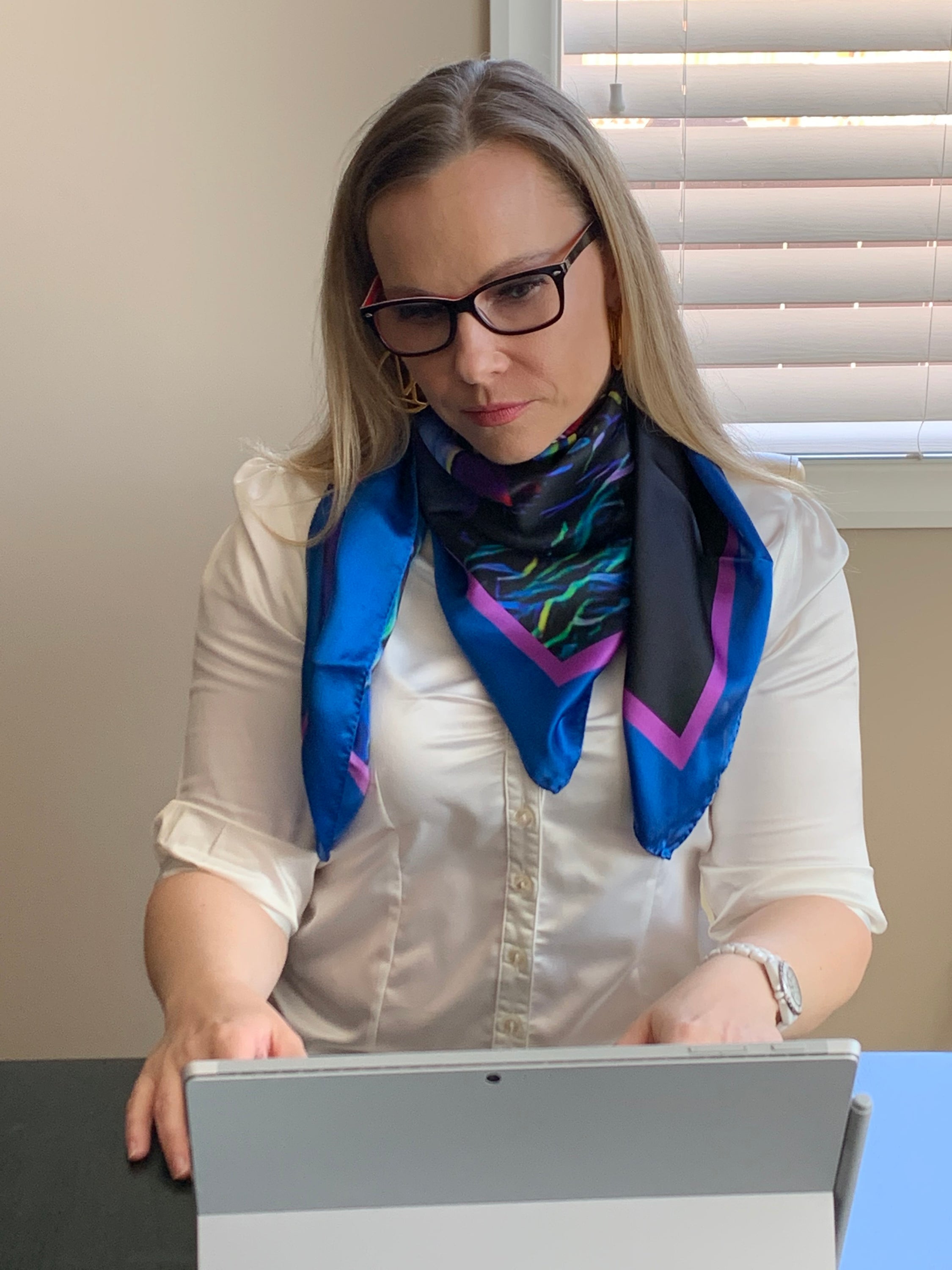 Calgary Skyline Ladies Scarf featuring the Peace Bridge design on luxurious Italian silk.