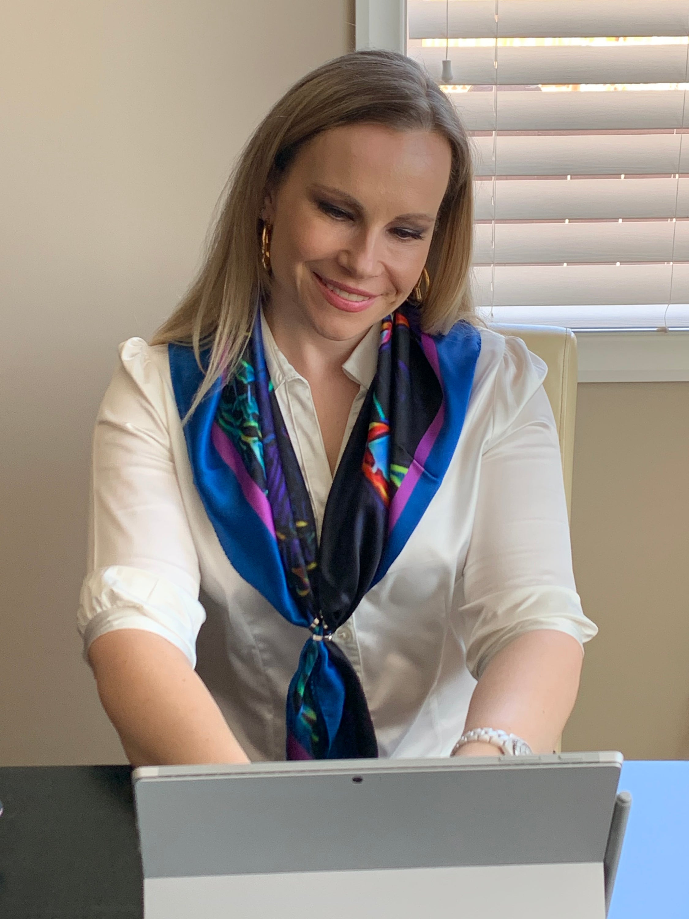 Calgary Skyline Ladies Scarf featuring the Peace Bridge design on luxurious Italian silk.