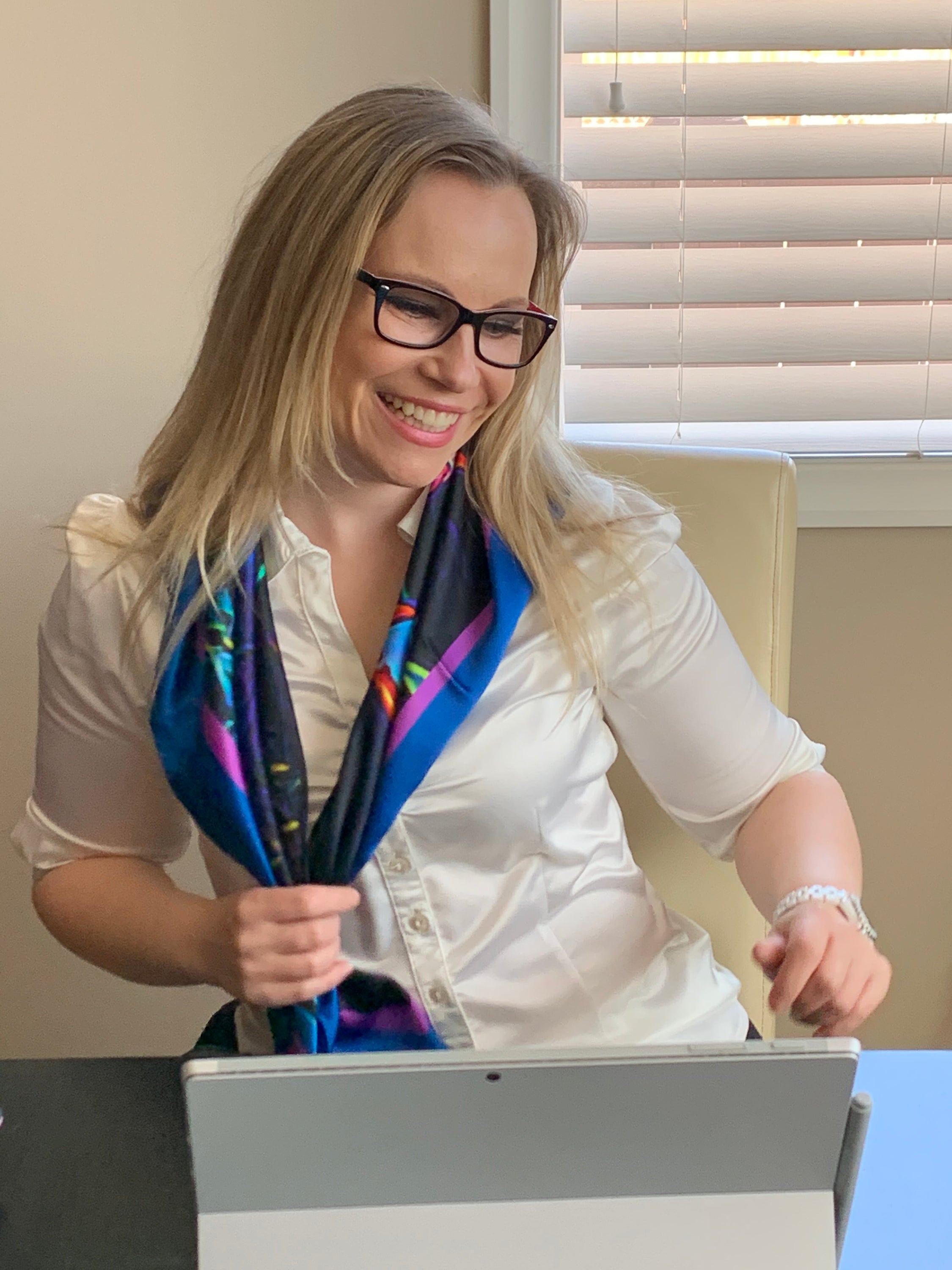 Calgary Skyline Ladies Scarf featuring the Peace Bridge design on luxurious Italian silk.