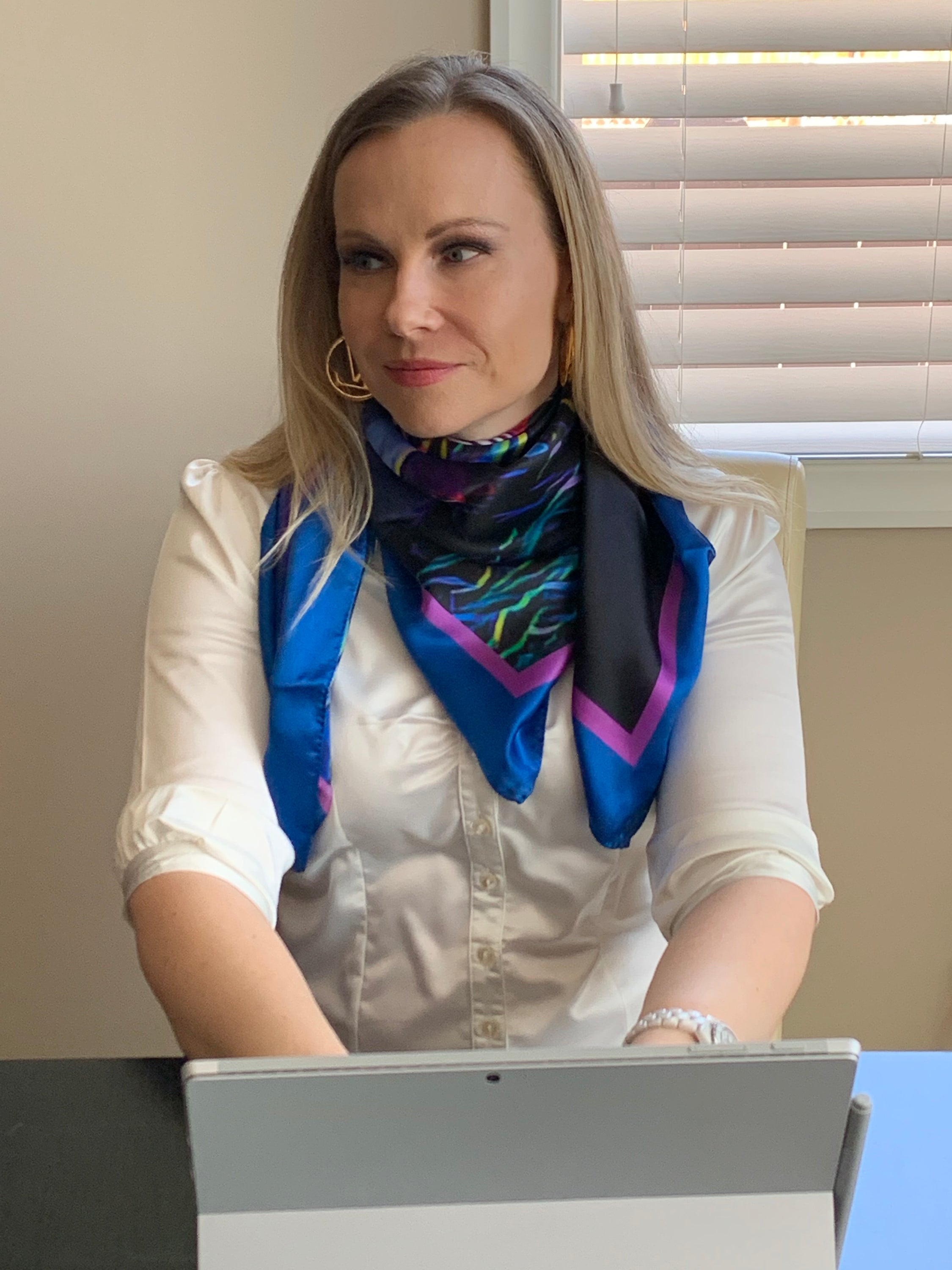 Calgary Skyline Ladies Scarf featuring the Peace Bridge design on luxurious Italian silk.