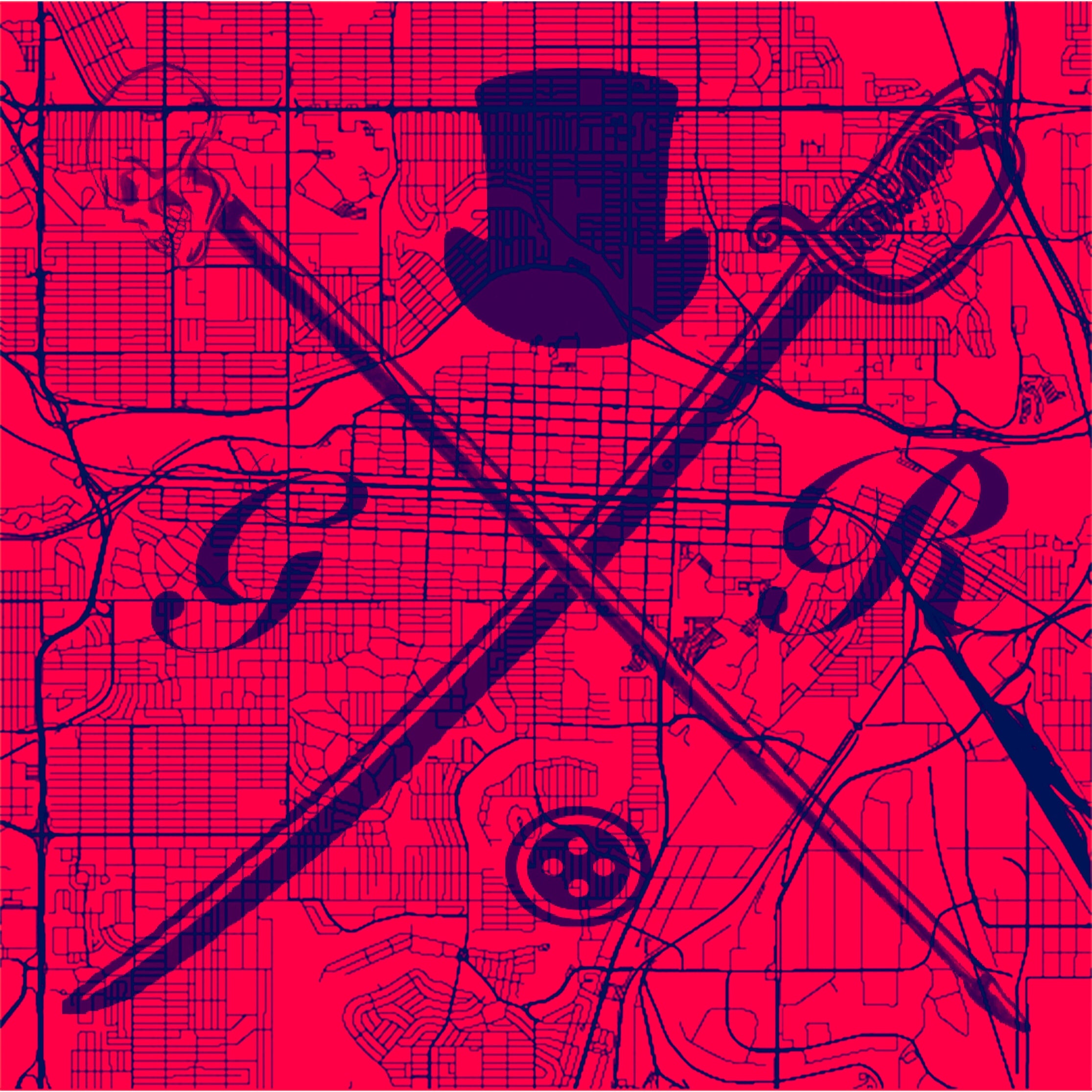 A vibrant red ladies scarf featuring a detailed Calgary street map design with the Gentleman Rogue logo.