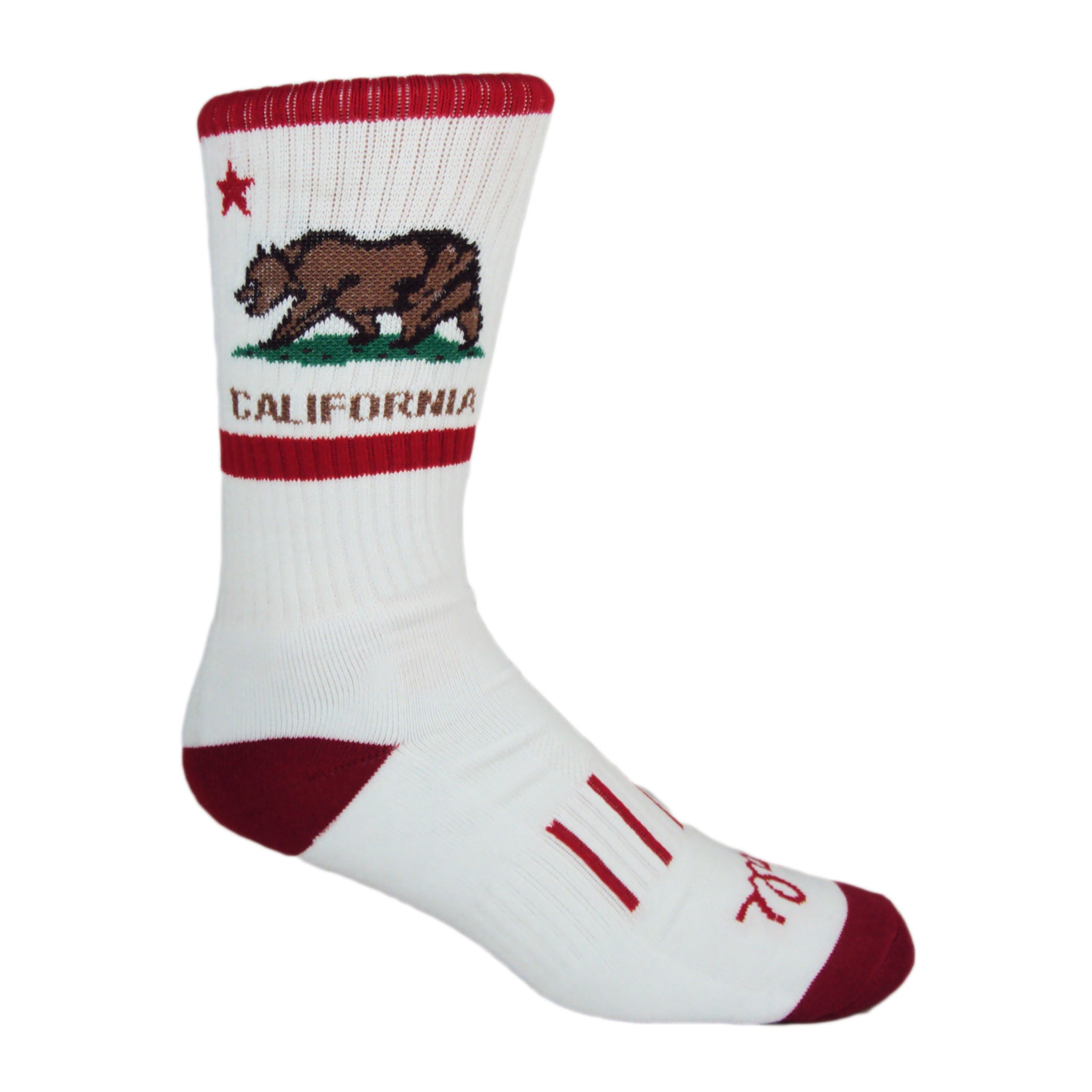 CALI Bear Crew Socks featuring California Flag design on a black background, ideal for sports and fitness.