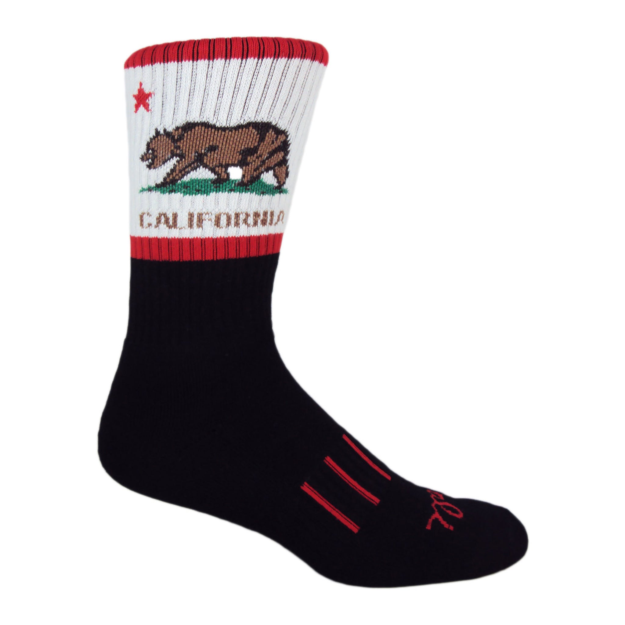 CALI Bear Crew Socks featuring California Flag design on a black background, ideal for sports and fitness.