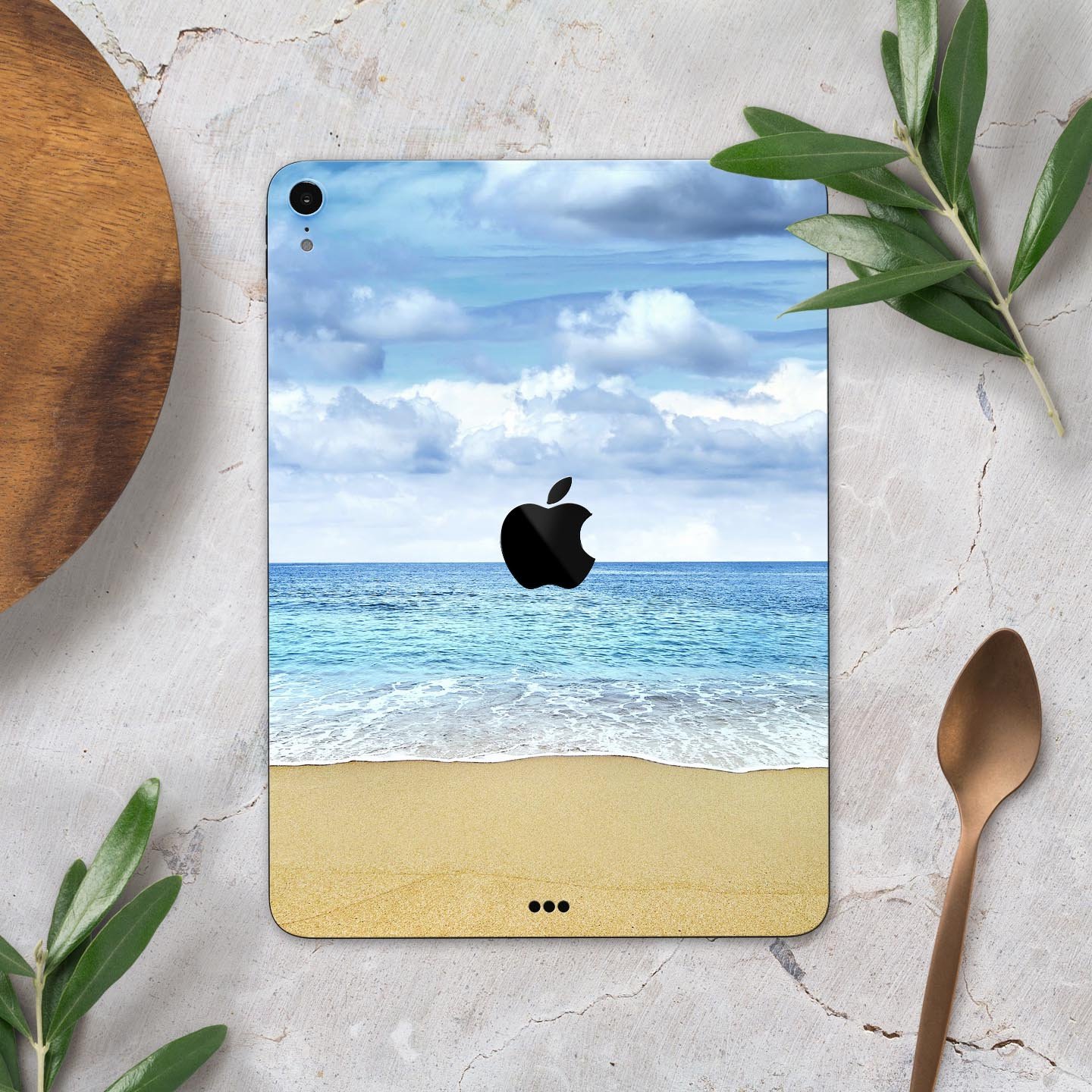 Calm Blue Sky and Sea Shore skin decal for Apple iPad, showcasing a serene beach scene with vibrant colors and a sleek design.
