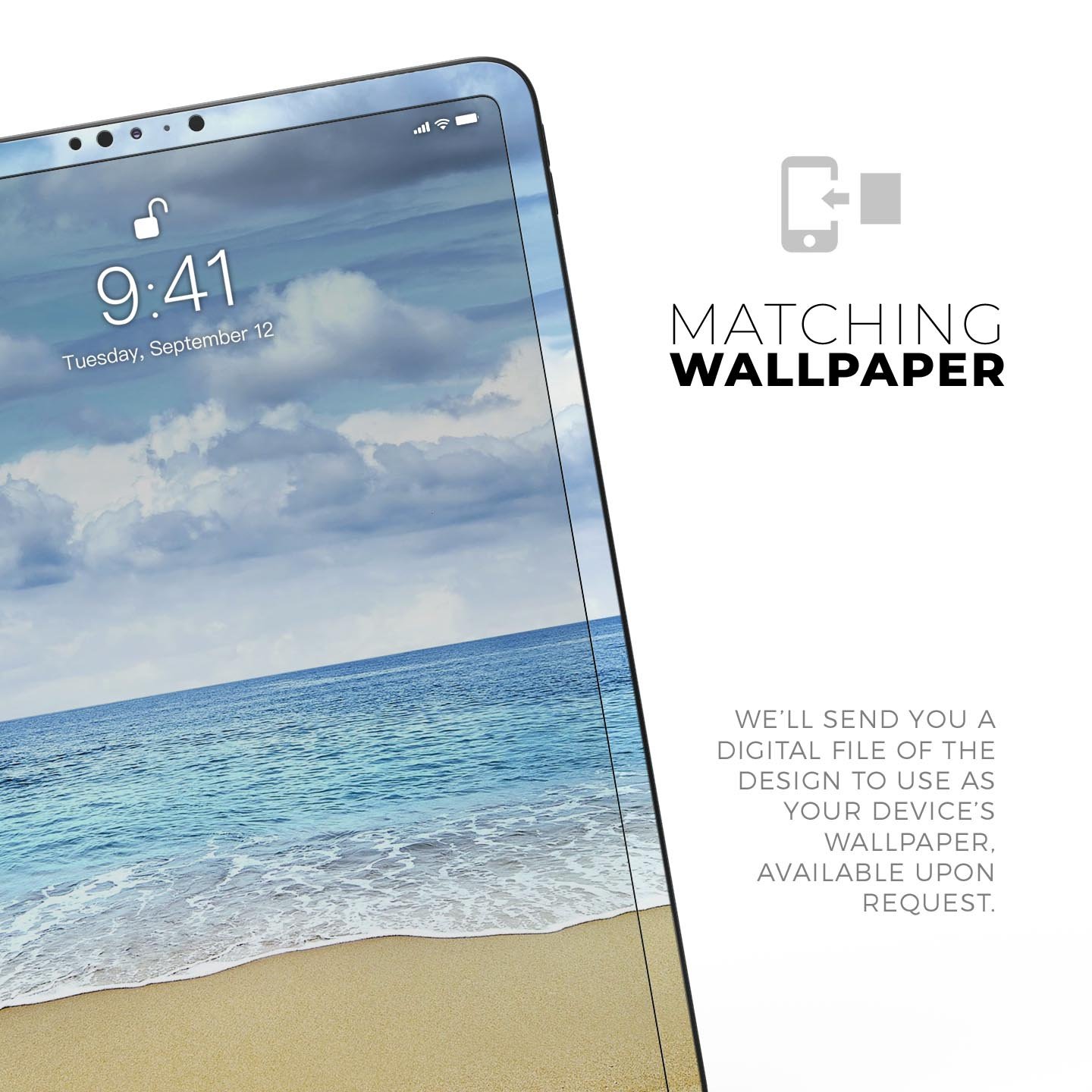 Calm Blue Sky and Sea Shore skin decal for Apple iPad, showcasing a serene beach scene with vibrant colors and a sleek design.