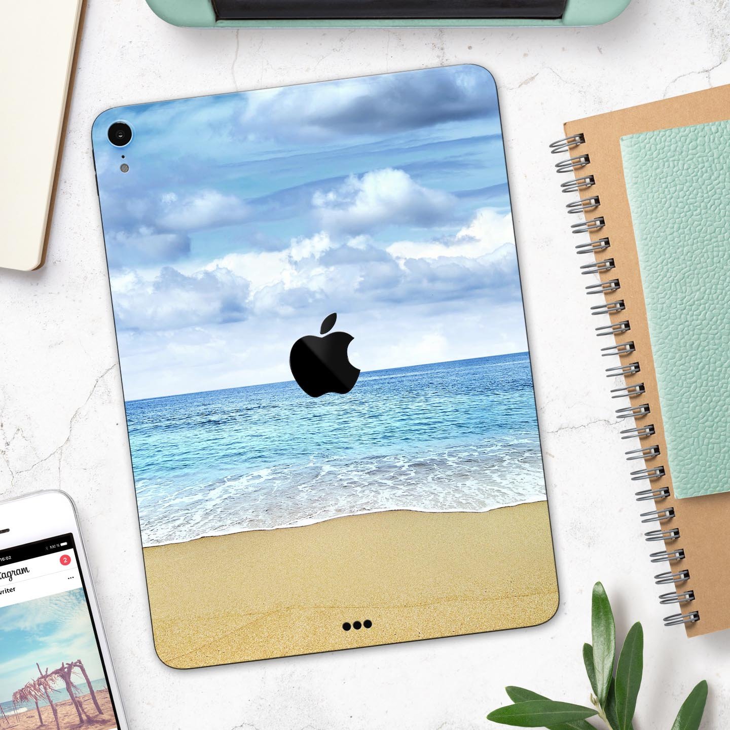 Calm Blue Sky and Sea Shore skin decal for Apple iPad, showcasing a serene beach scene with vibrant colors and a sleek design.