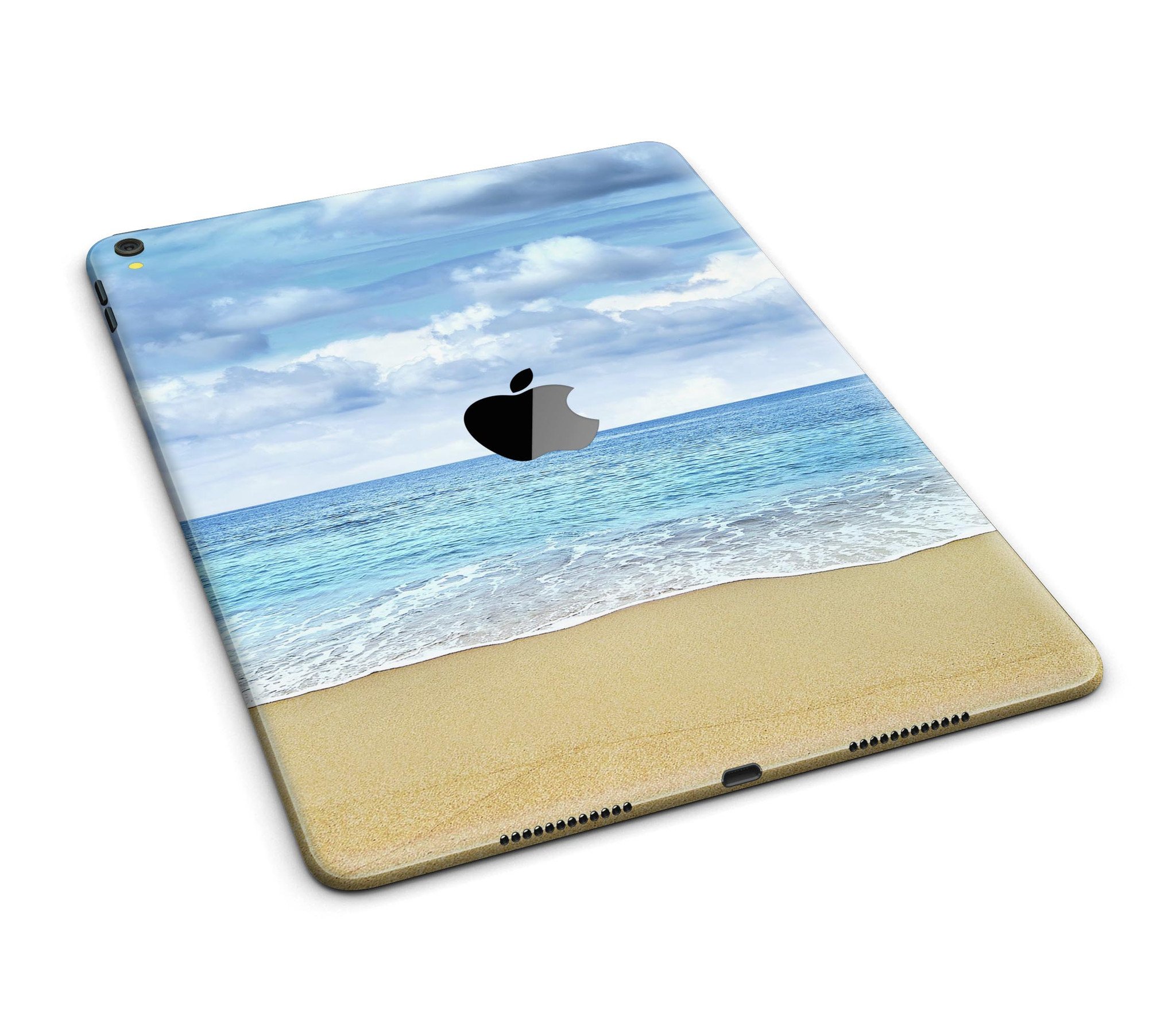 Calm Blue Sky and Sea Shore Full Body Skin for iPad Pro, showcasing vibrant blue sky and sea design on a sleek vinyl surface.