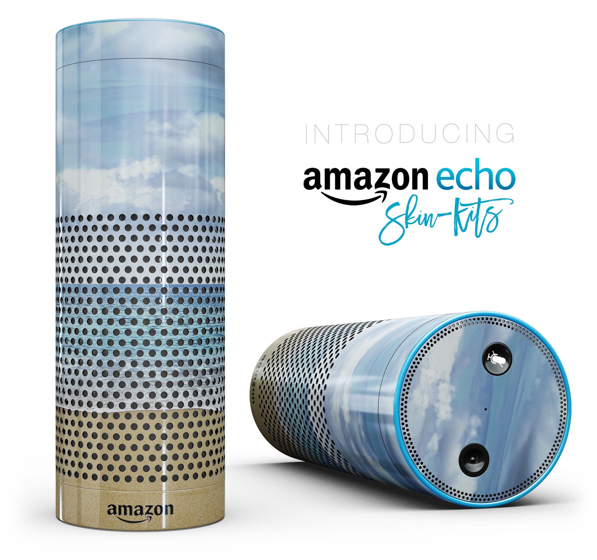 Calm Blue Sky and Sea Shore skin kit for Amazon Echo, showcasing a serene blue design with sea shore imagery.