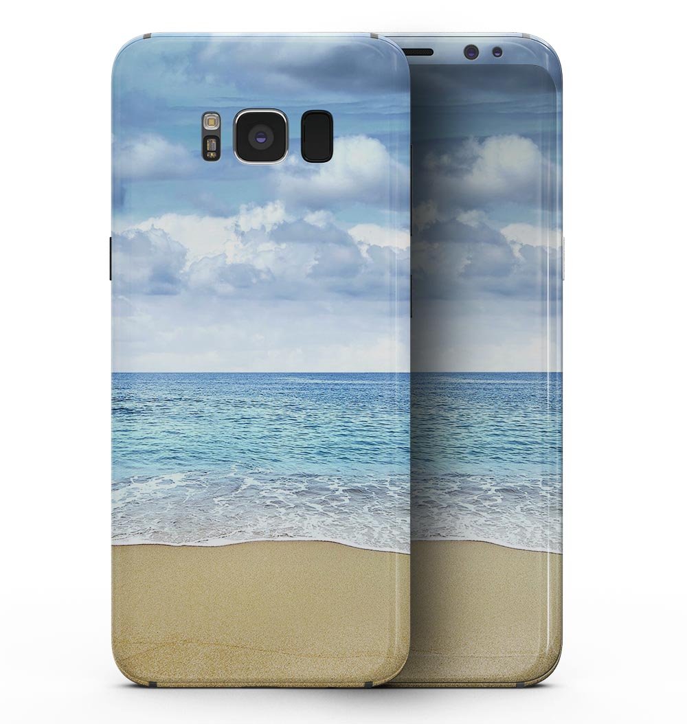 Calm Blue Sky and Sea Shore skin kit for Samsung Galaxy S8, showcasing vibrant blue colors and serene beach design.