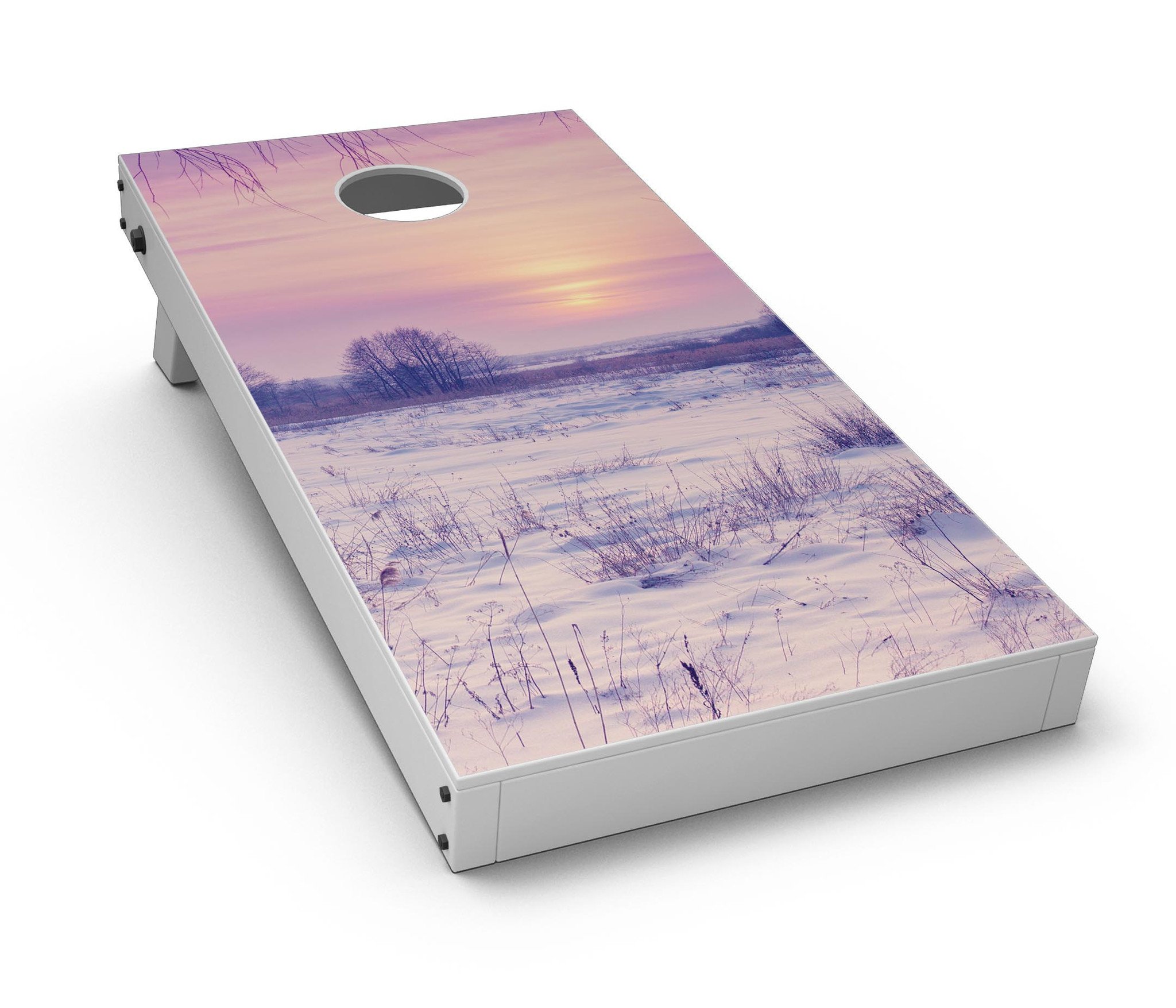 Calm Snowy Sunset CornHole Board Skin Decal Kit showcasing a serene sunset design on a Cornhole board.