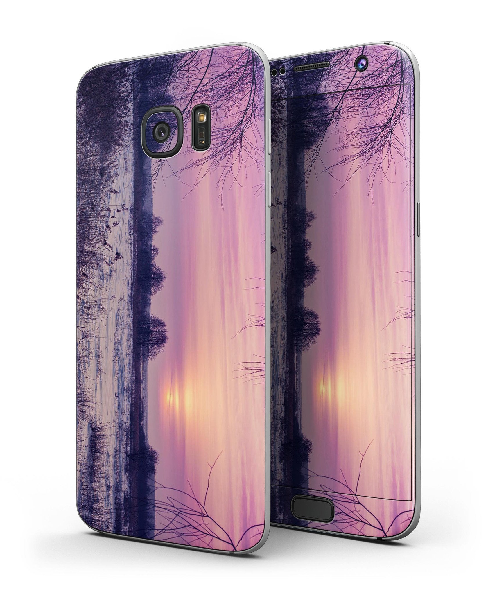 Calm Snowy Sunset skin kit for Samsung Galaxy S7 and S7 Edge, showcasing a beautiful design with premium vinyl material.