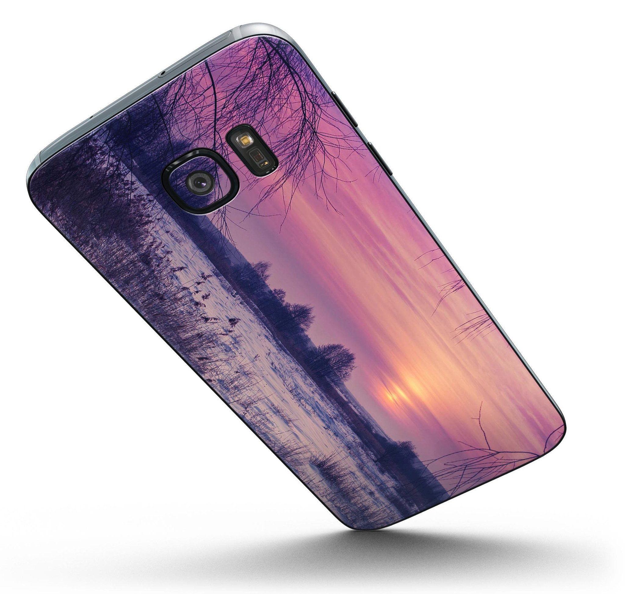 Calm Snowy Sunset skin kit for Samsung Galaxy S7 and S7 Edge, showcasing a beautiful design with premium vinyl material.