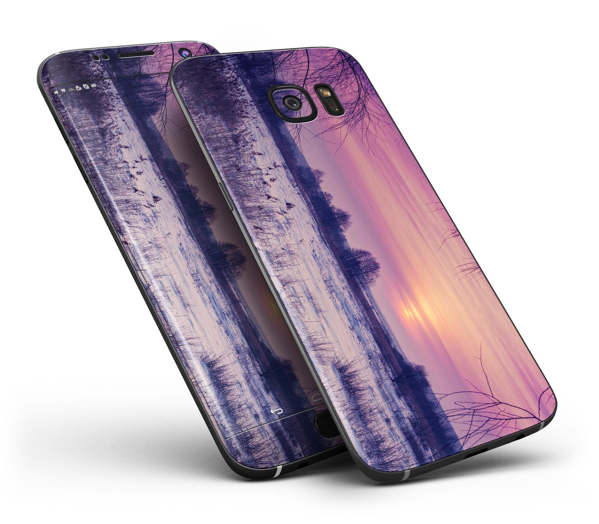 Calm Snowy Sunset skin kit for Samsung Galaxy S7 and S7 Edge, showcasing a beautiful design with premium vinyl material.