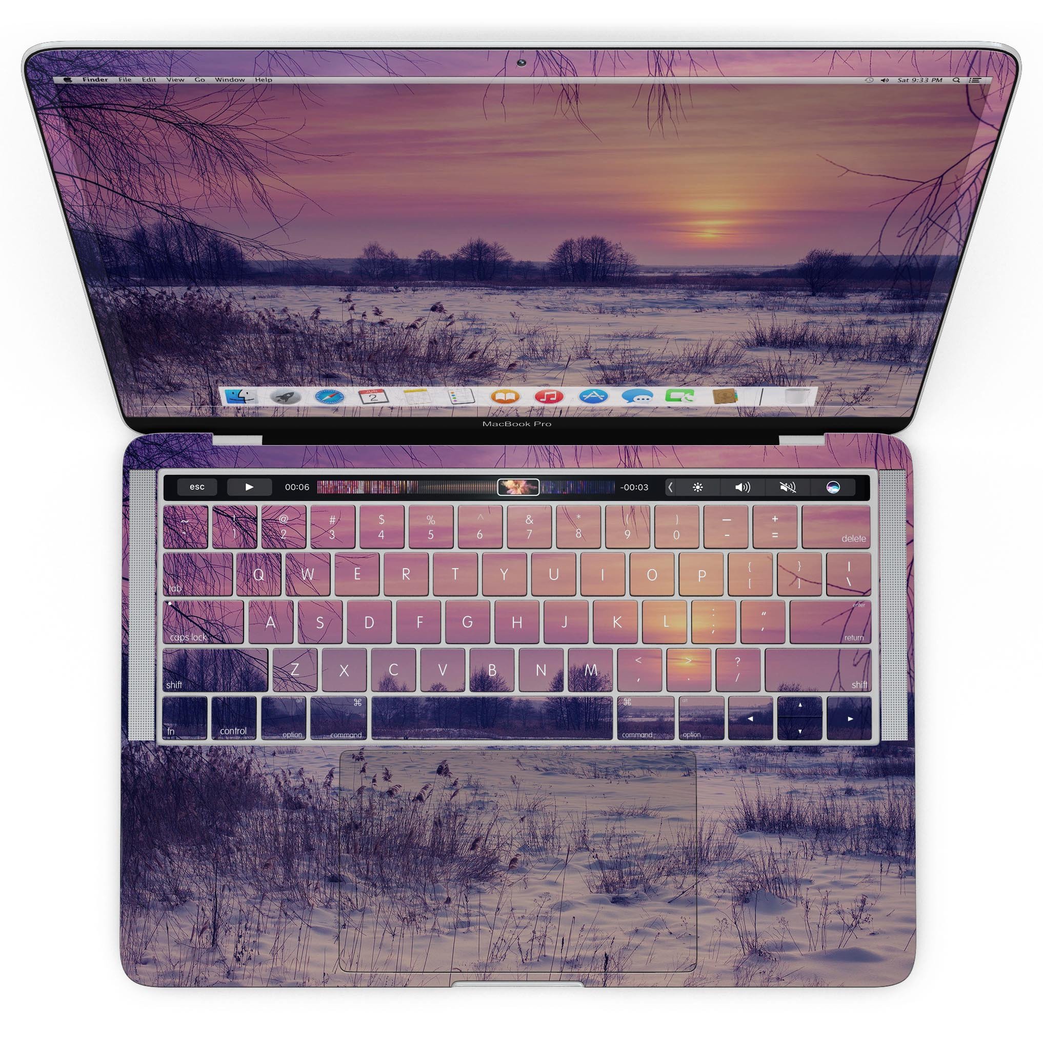 Calm Snowy Sunset skin kit for MacBook Pro with Touch Bar, showcasing a beautiful snowy landscape design on premium vinyl.