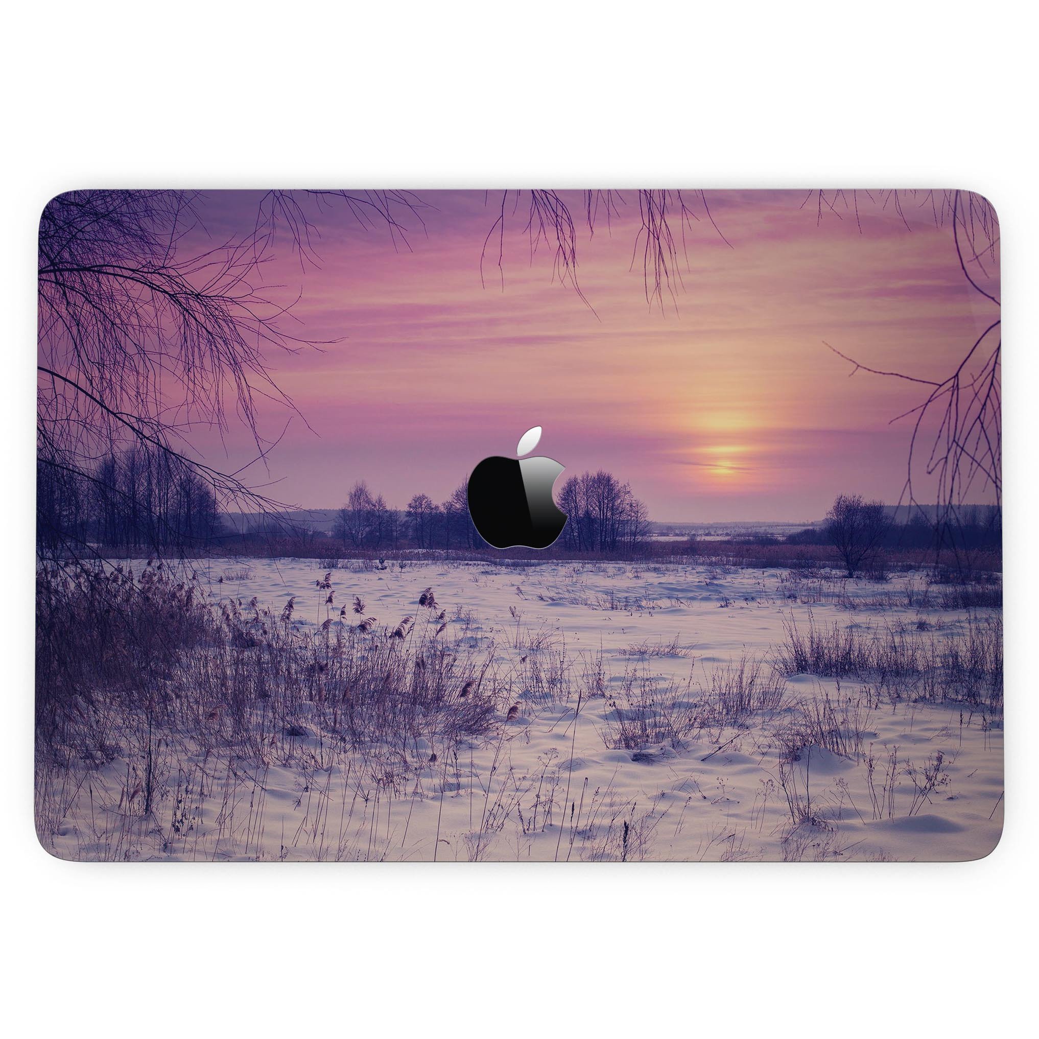 Calm Snowy Sunset skin kit for MacBook Pro with Touch Bar, showcasing a beautiful snowy landscape design on premium vinyl.