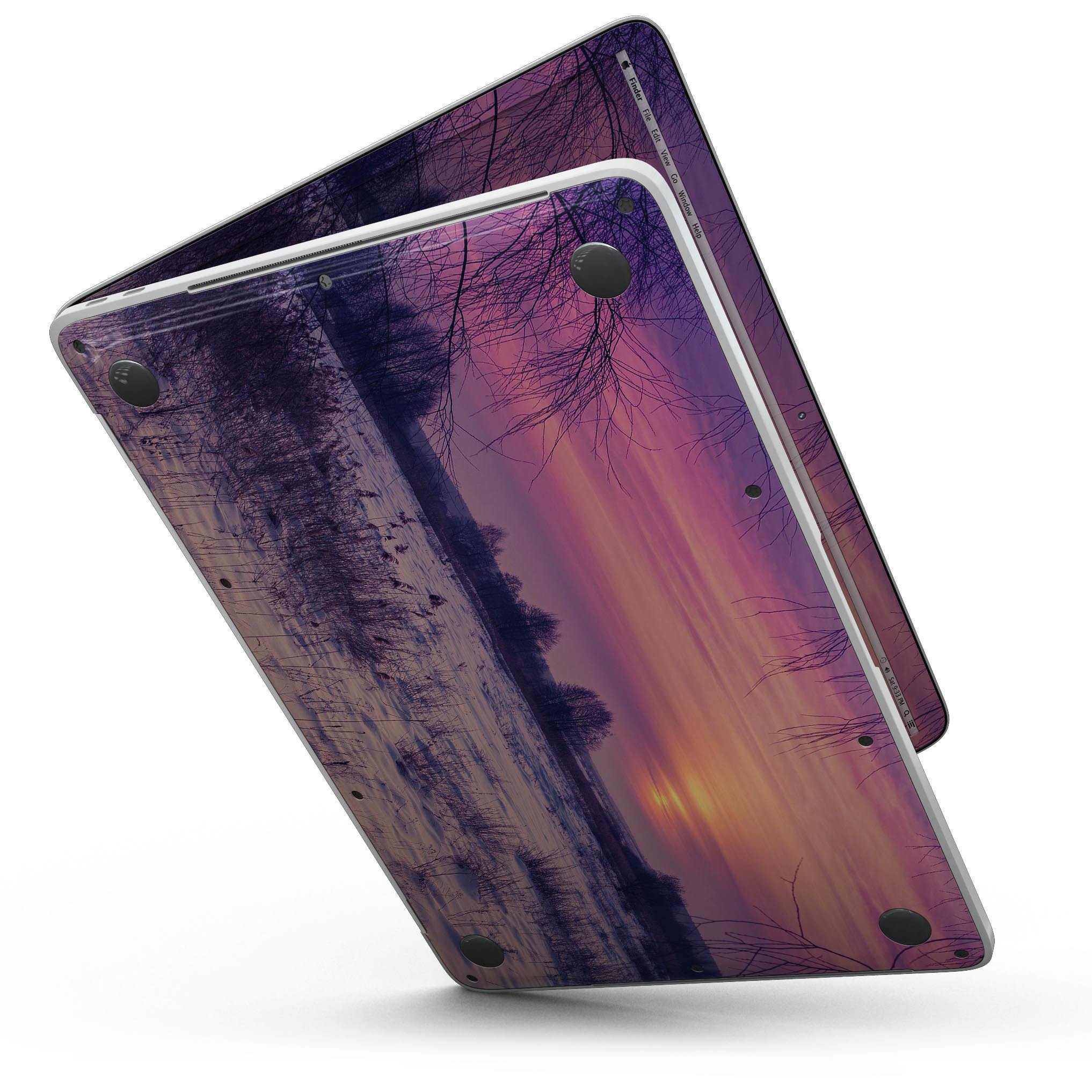 Calm Snowy Sunset skin kit for MacBook Pro with Touch Bar, showcasing a beautiful snowy landscape design on premium vinyl.