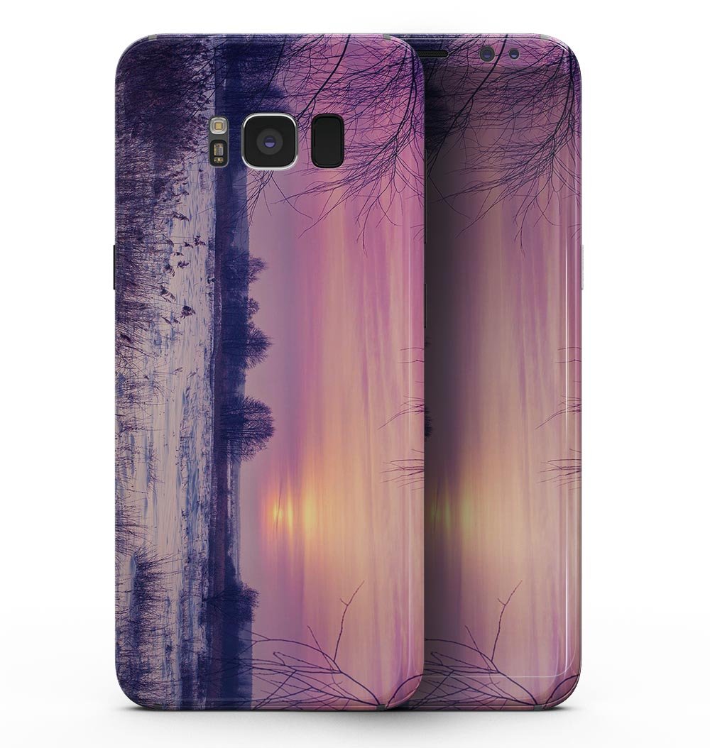 Calm Snowy Sunset skin kit for Samsung Galaxy S8, showcasing a beautiful snowy landscape design on premium vinyl.