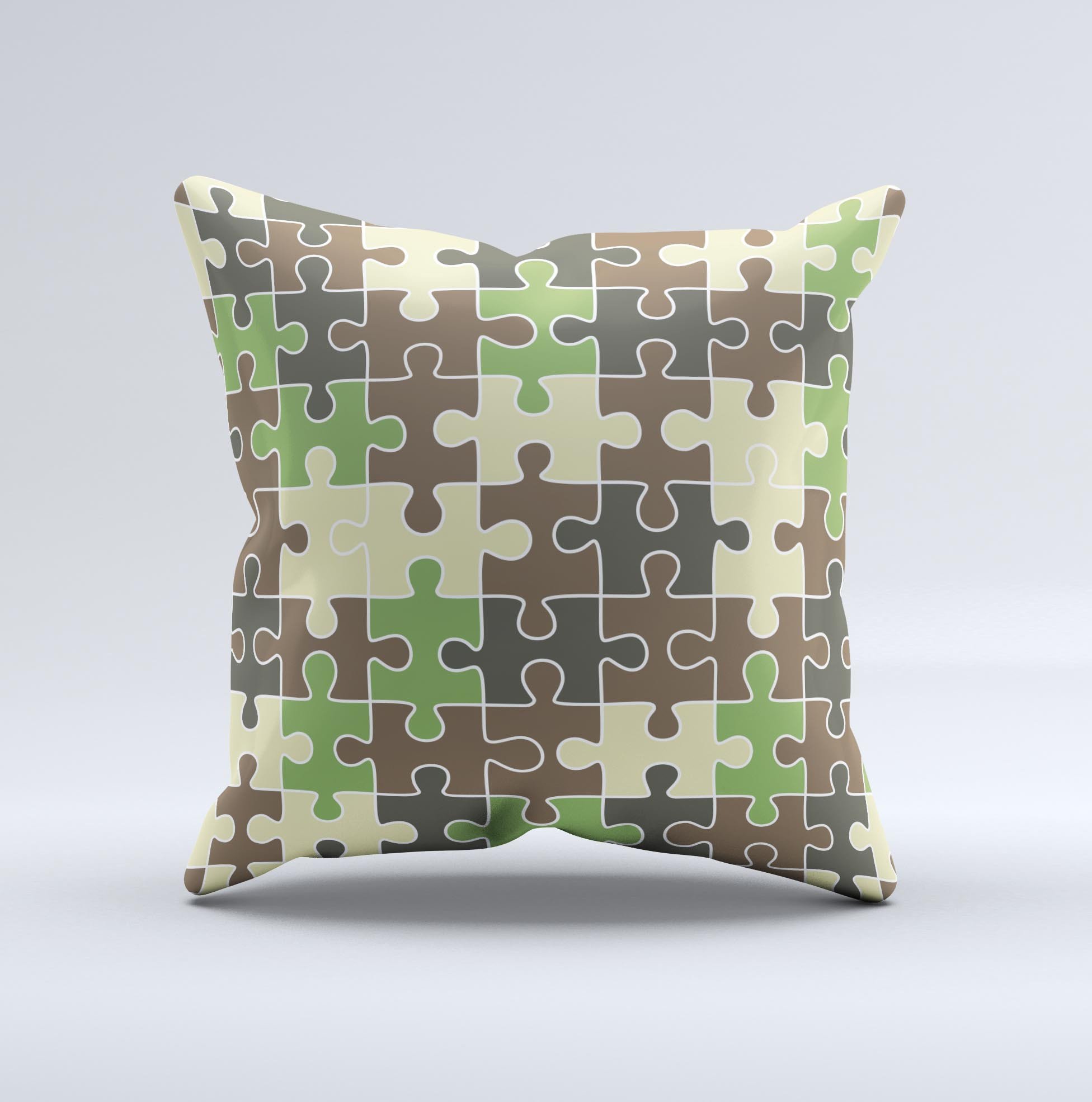 Camouflage Colored Puzzle Pattern Decorative Throw Pillow showcasing unique handmade design and high-quality fabric.