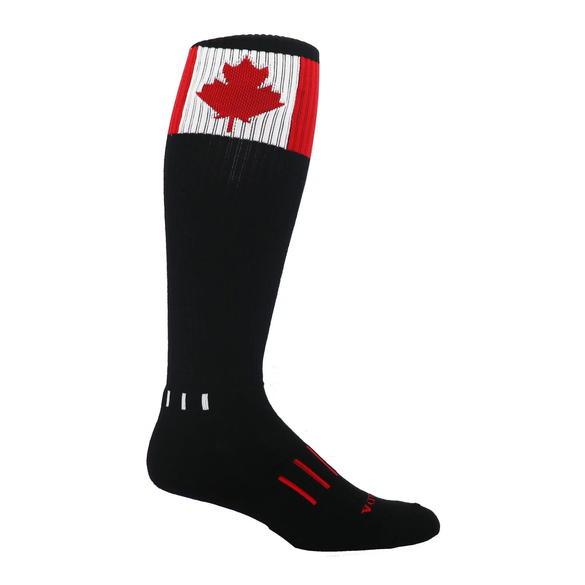 Canada Maple Flag Knee High Socks featuring a black background with a vibrant Canadian Maple Leaf design.
