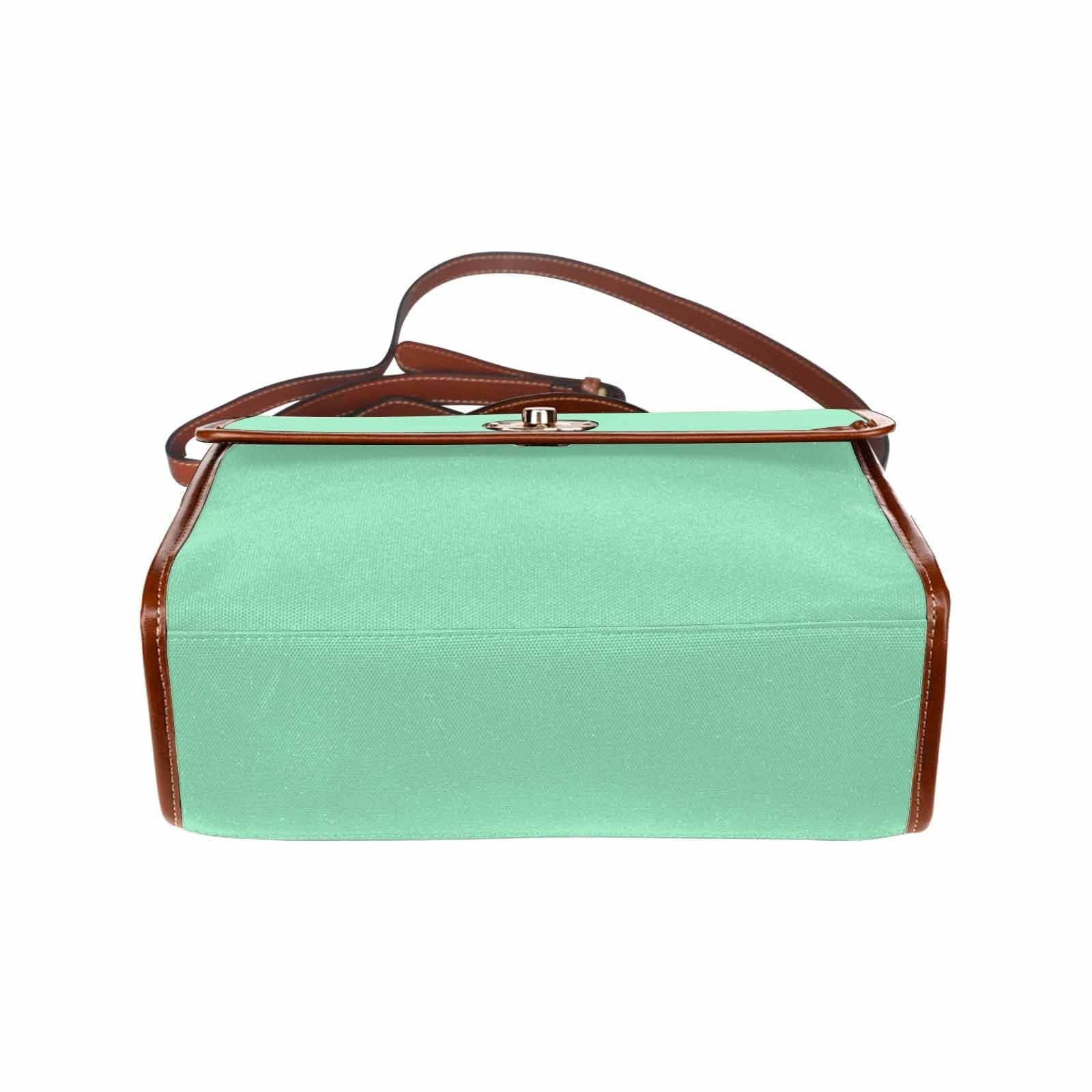 Seafoam green canvas bag with brown strap, featuring two interior pockets and a stylish design.