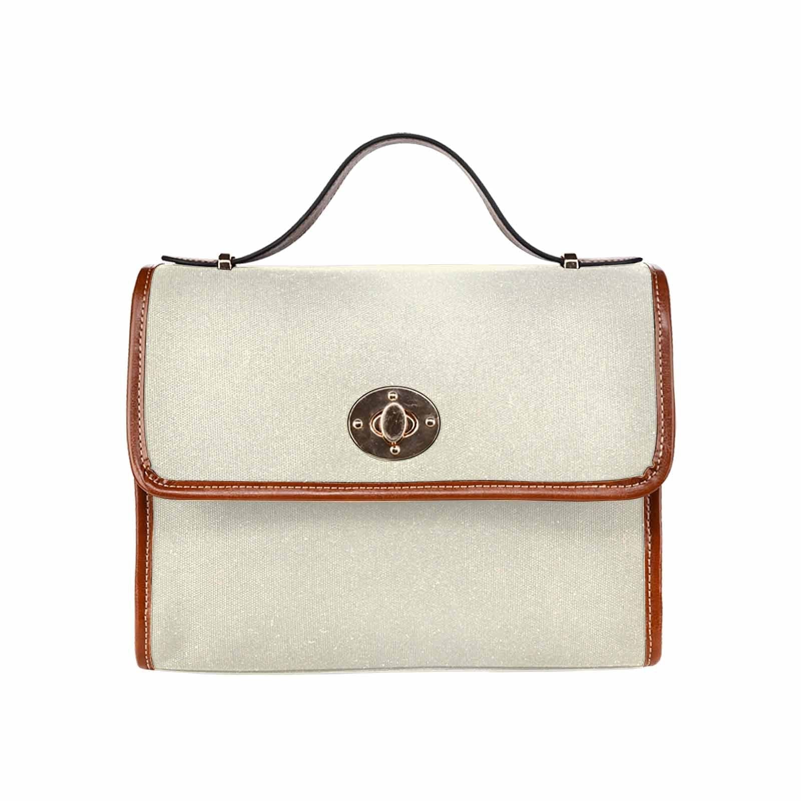 Beige waterproof canvas handbag with brown crossbody strap, featuring two interior pockets and a zipper pocket.