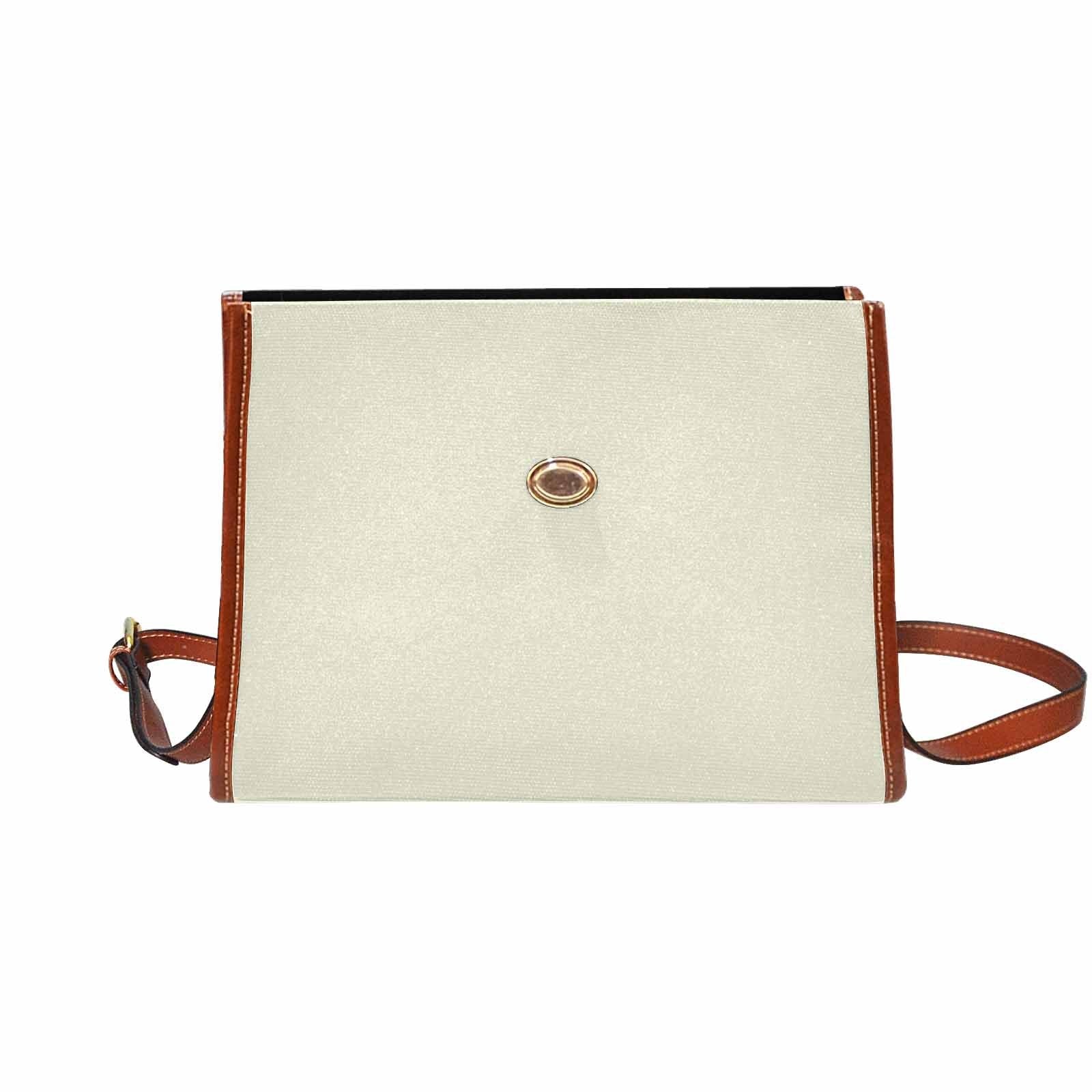 Beige waterproof canvas handbag with brown crossbody strap, featuring two interior pockets and a zipper pocket.