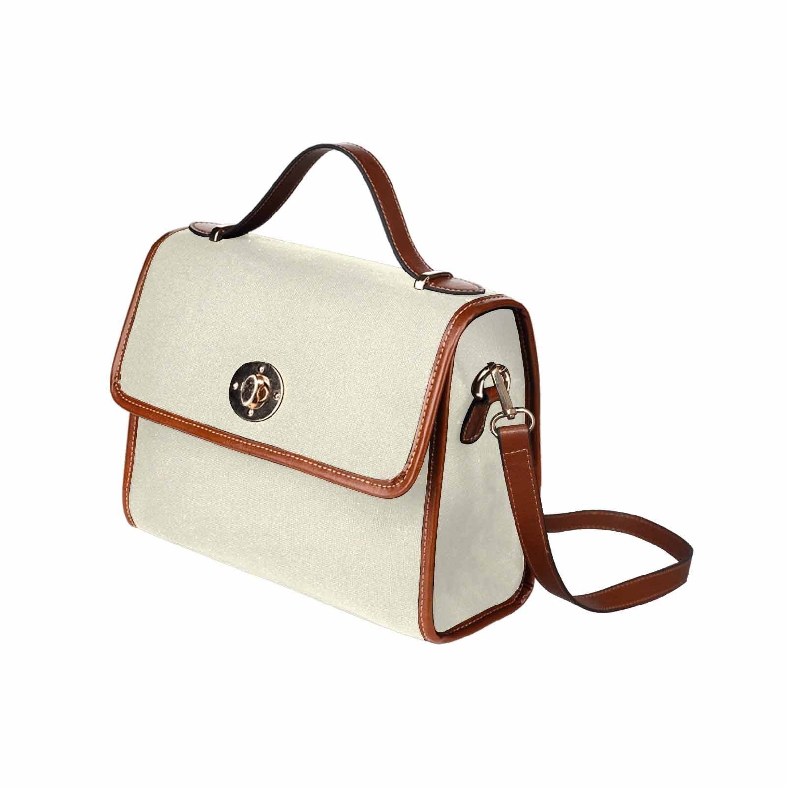 Beige waterproof canvas handbag with brown crossbody strap, featuring two interior pockets and a zipper pocket.