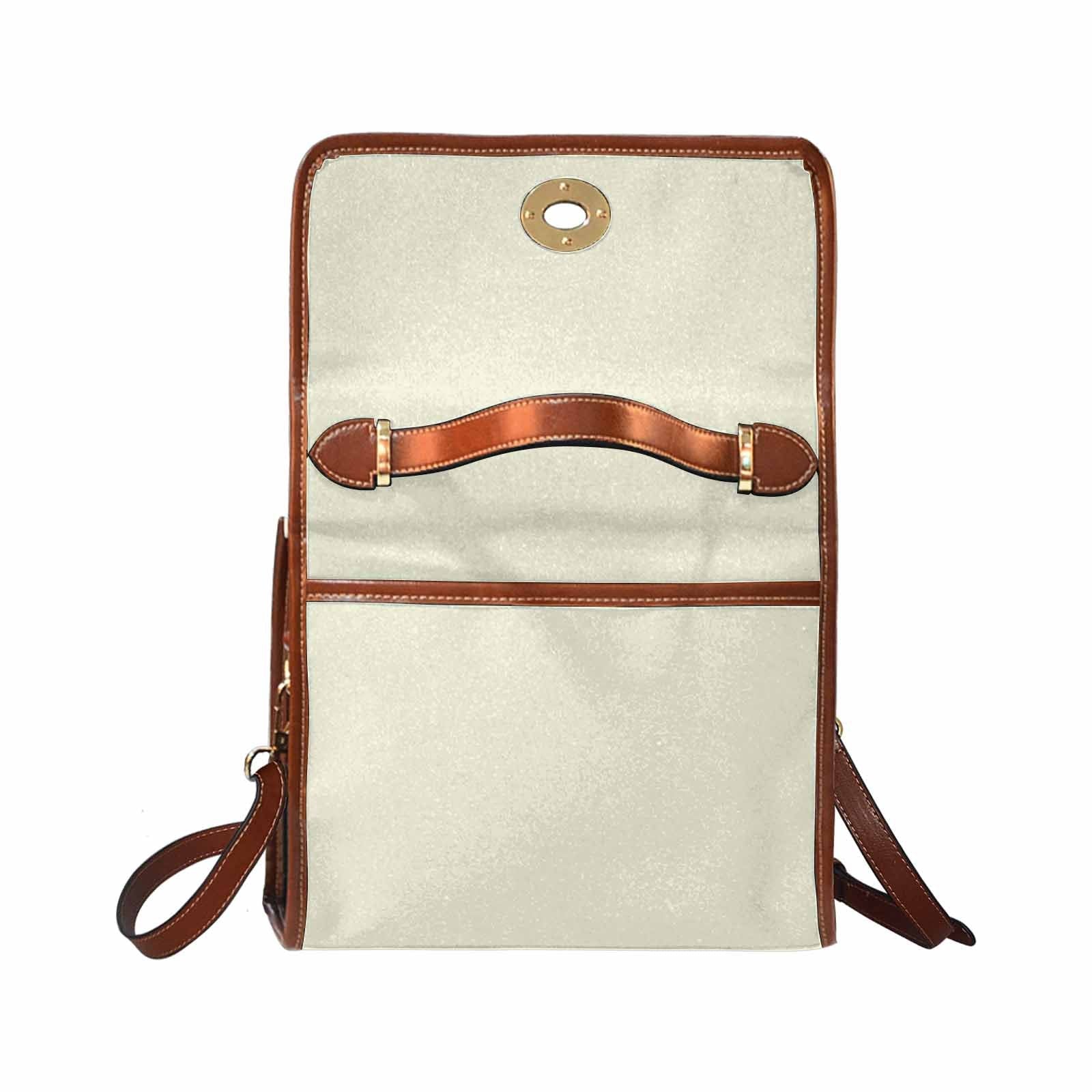 Beige waterproof canvas handbag with brown crossbody strap, featuring two interior pockets and a zipper pocket.