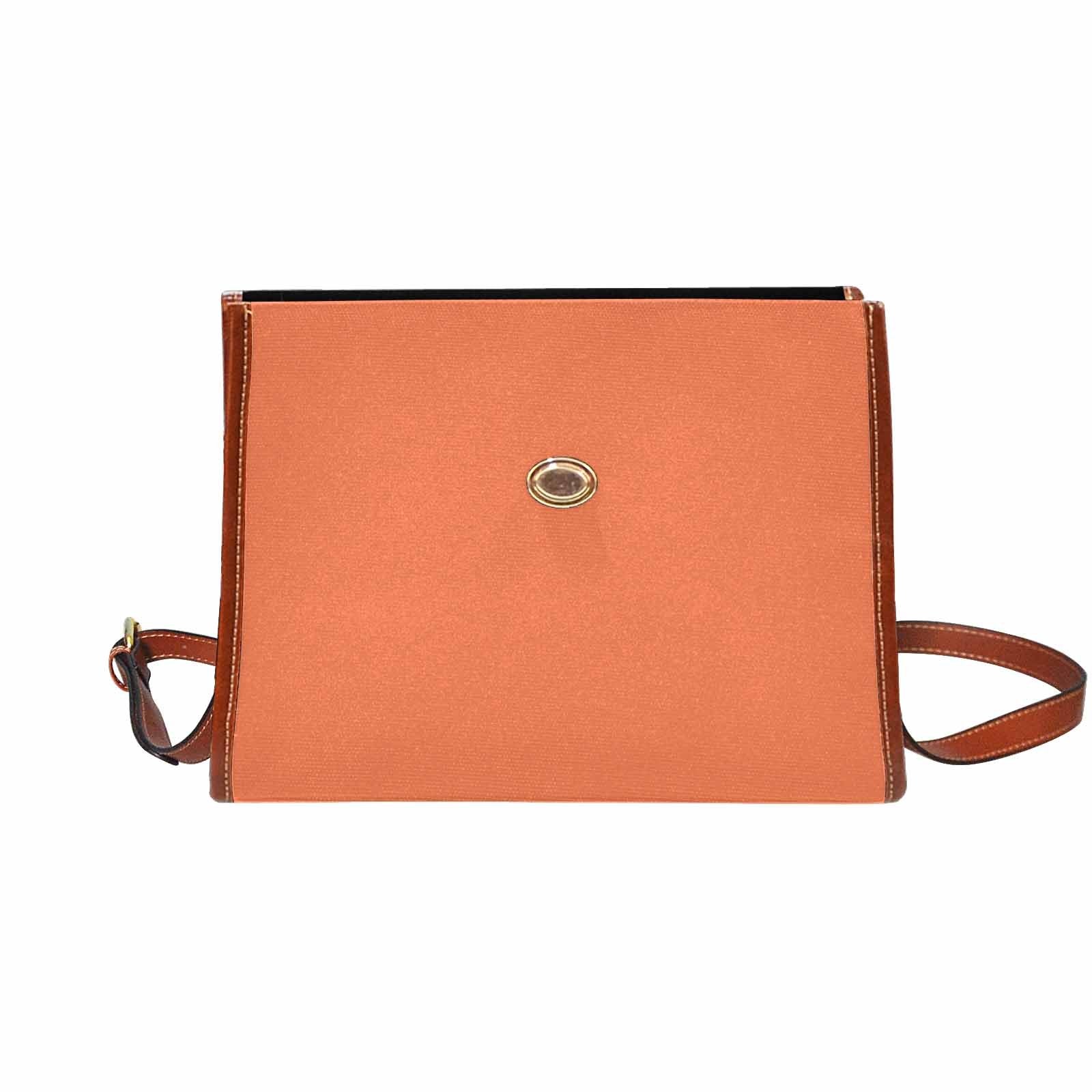Coral red waterproof canvas handbag with brown crossbody strap, showcasing its stylish design and functional features.
