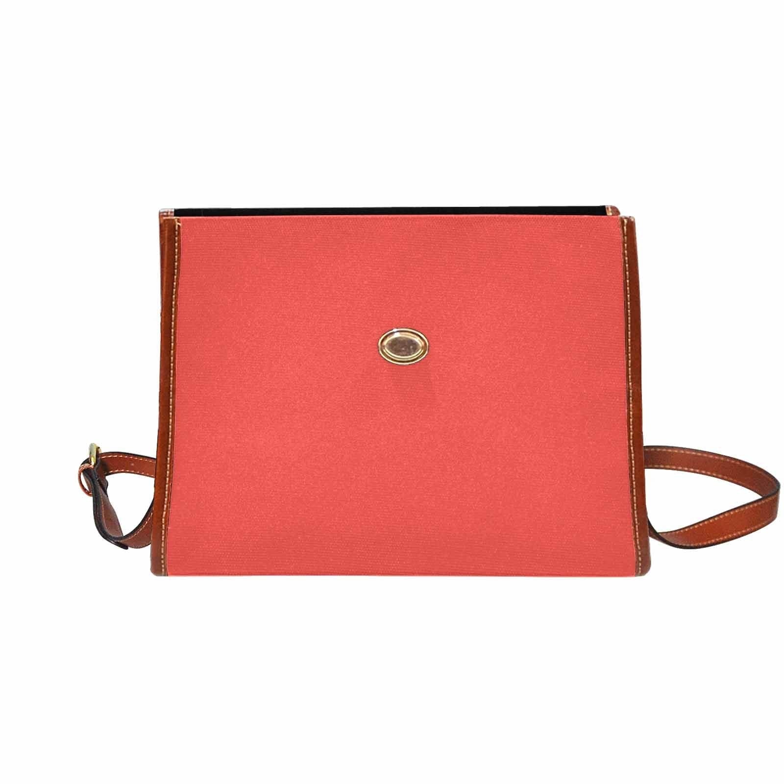 Red orange waterproof canvas handbag with brown crossbody strap, featuring two interior pockets and a zipper pocket.