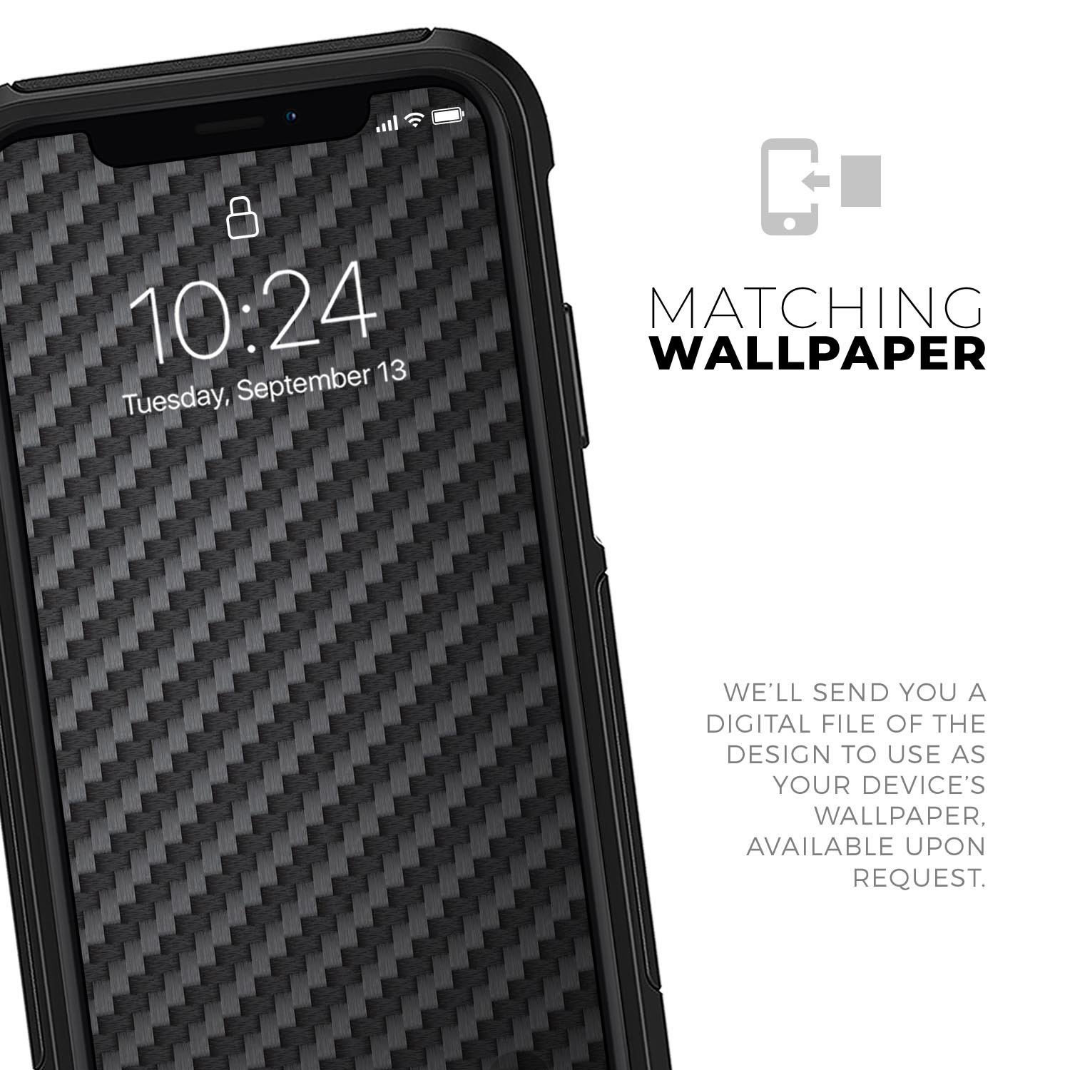 Carbon Fiber Texture Skin Kit for iPhone OtterBox Cases, showcasing its sleek design and premium quality.