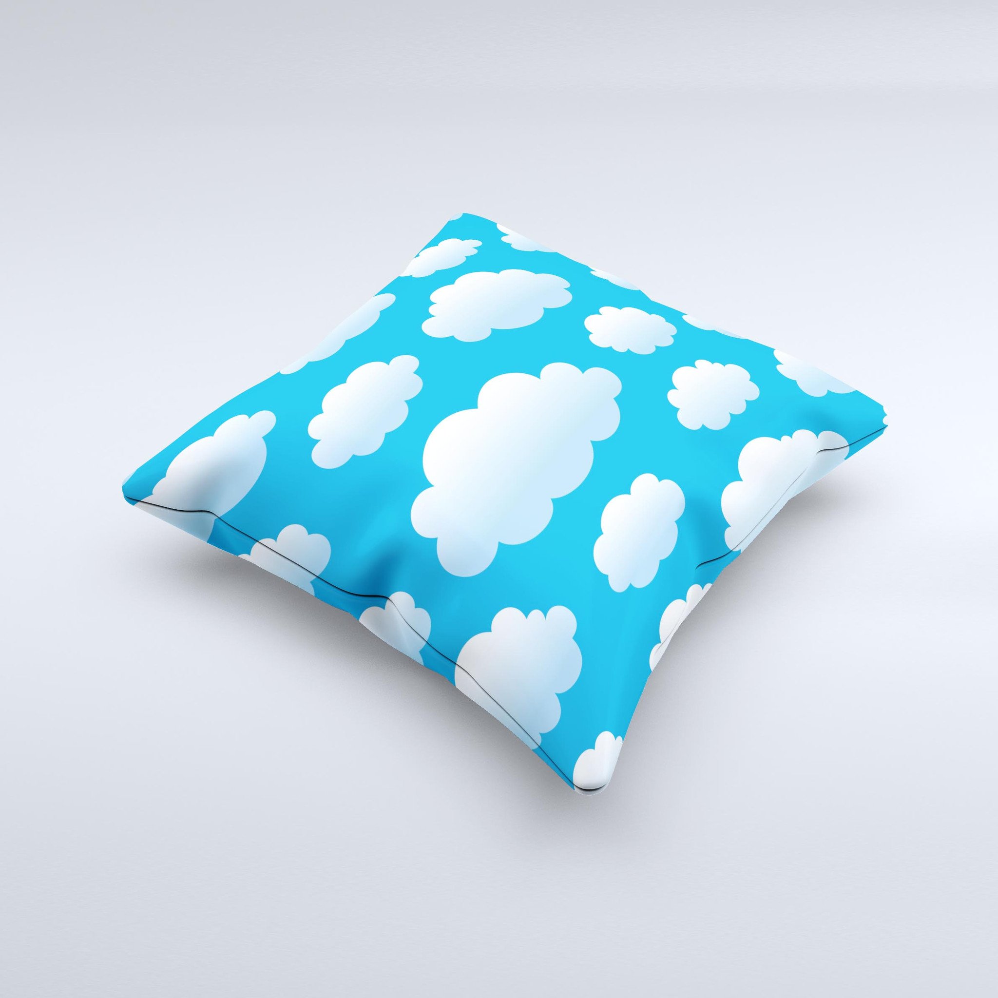 A whimsical Cartoon Cloudy Sky decorative throw pillow featuring a unique design, handcrafted in Virginia with high-quality materials.