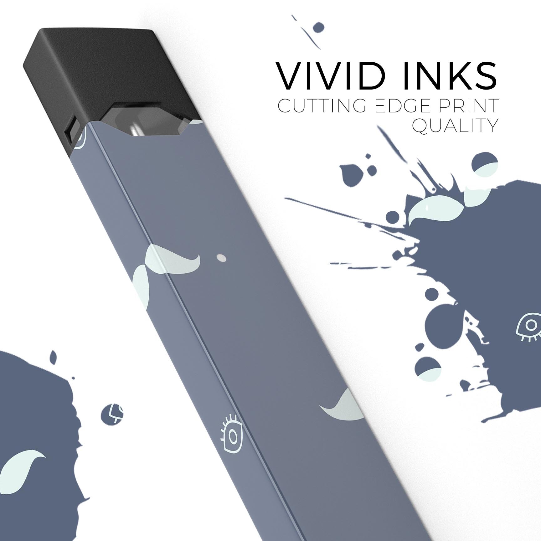 Cartoon Eyes Mustache decal on a navy background, designed for JUUL vaping device, showcasing vibrant colors and unique design.