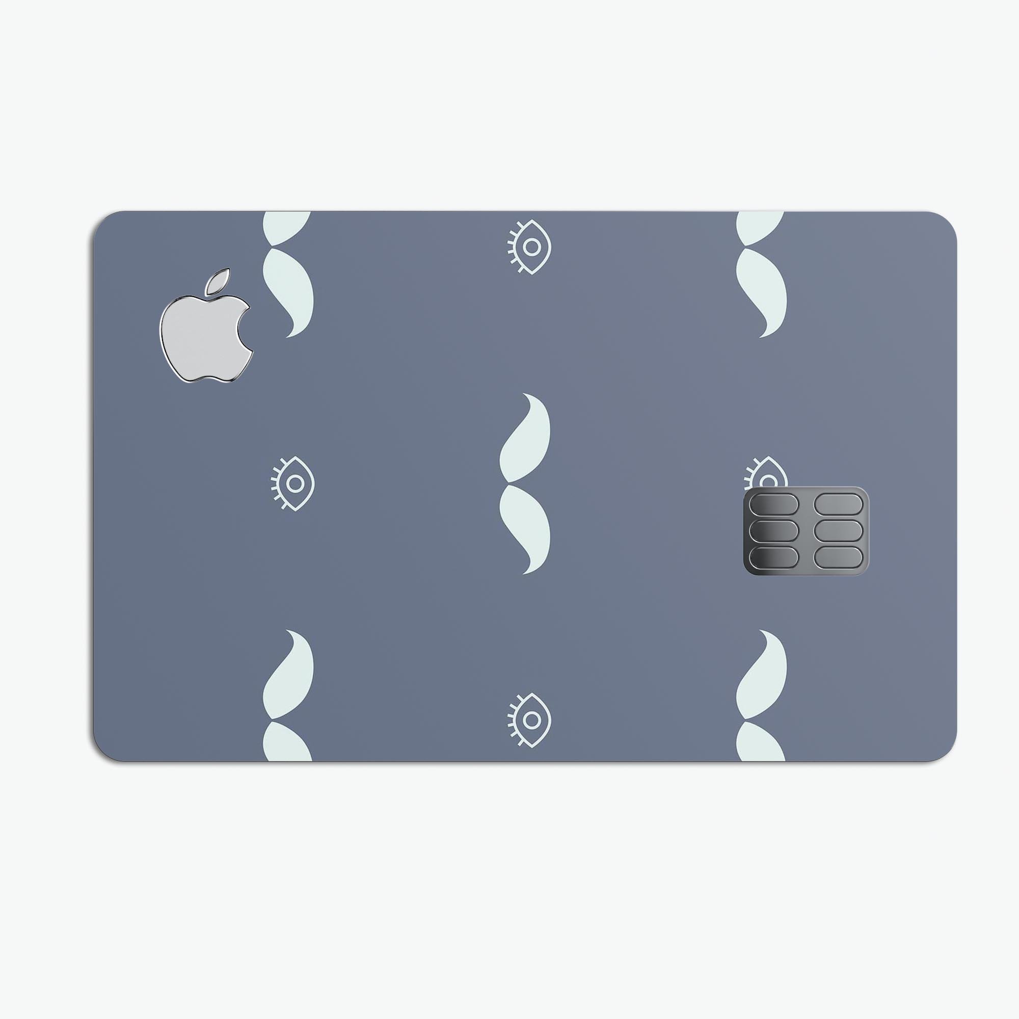 Cartoon Eyes Mustache decal on a navy background, designed for Apple Card protection.