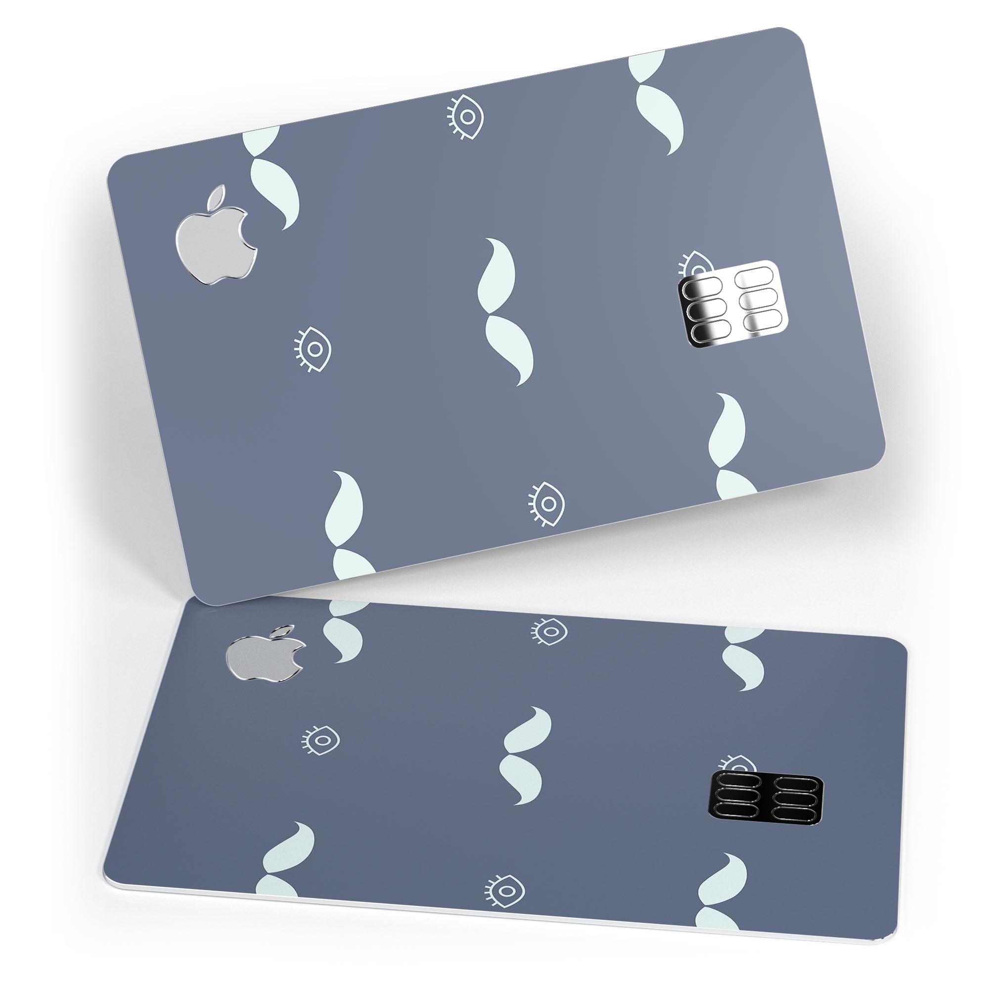 Cartoon Eyes Mustache decal on a navy background, designed for Apple Card protection.