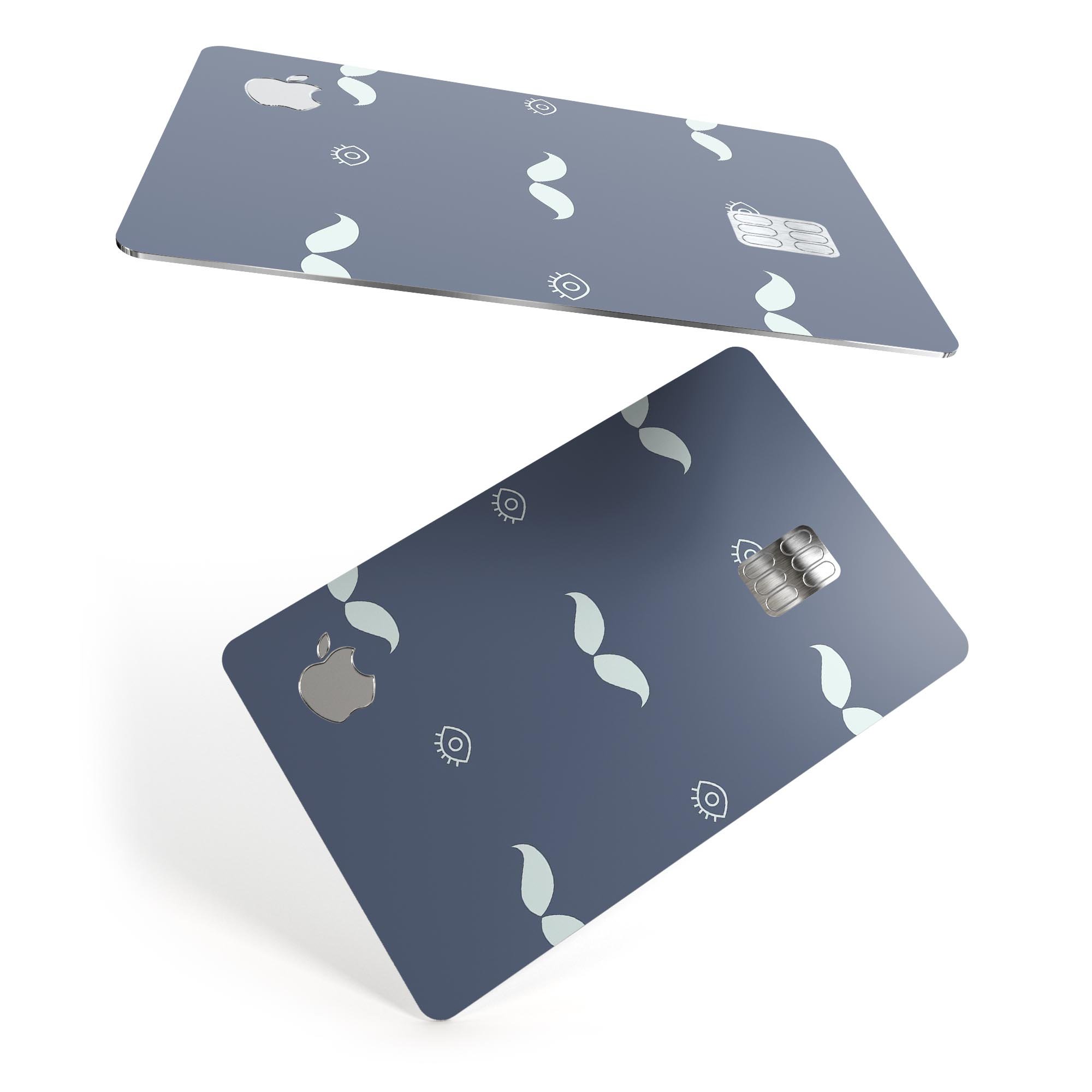 Cartoon Eyes Mustache decal on a navy background, designed for Apple Card protection.