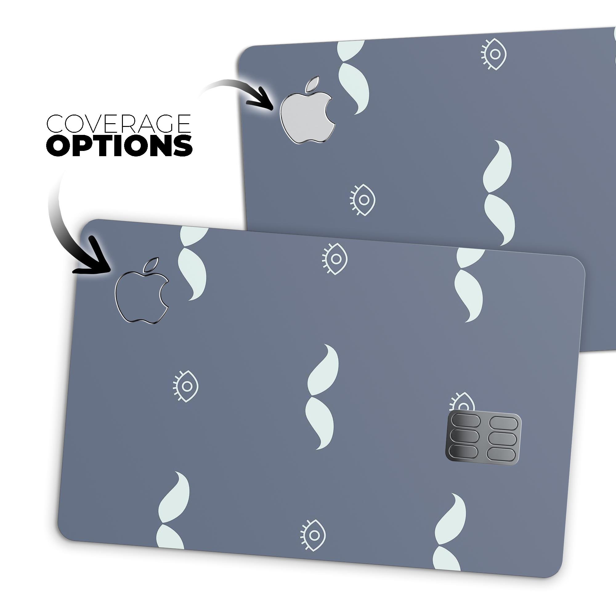 Cartoon Eyes Mustache decal on a navy background, designed for Apple Card protection.