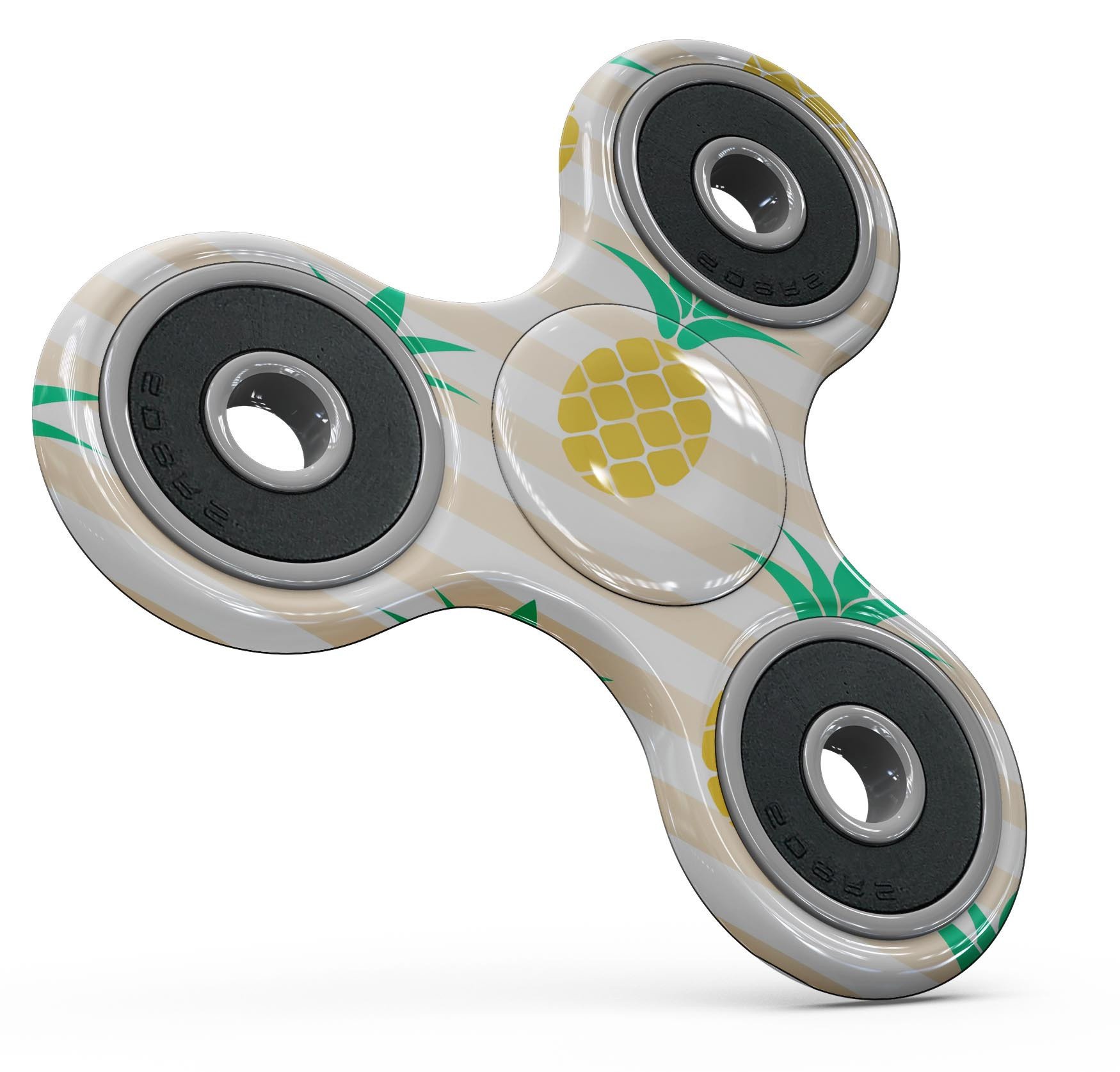 Cartoon Pineapples Over Stripes Full-Body Fidget Spinner Skin-Kit showcasing vibrant pineapple design on a striped background.