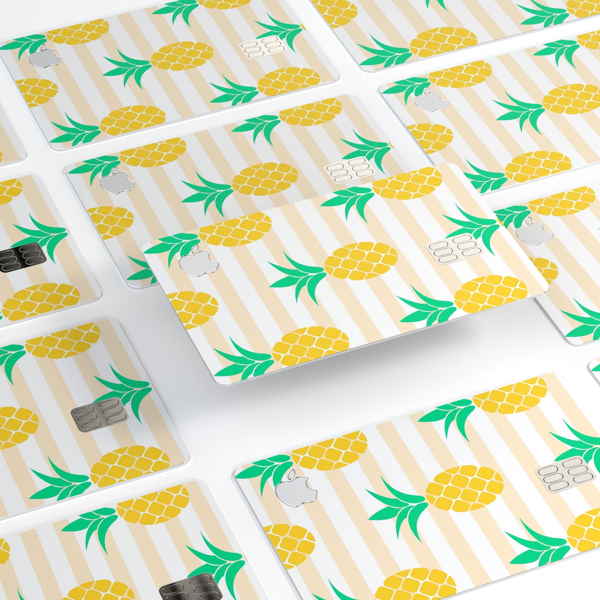 Cartoon Pineapples Over Stripes decal skin for Apple Card, showcasing vibrant colors and a fun design.