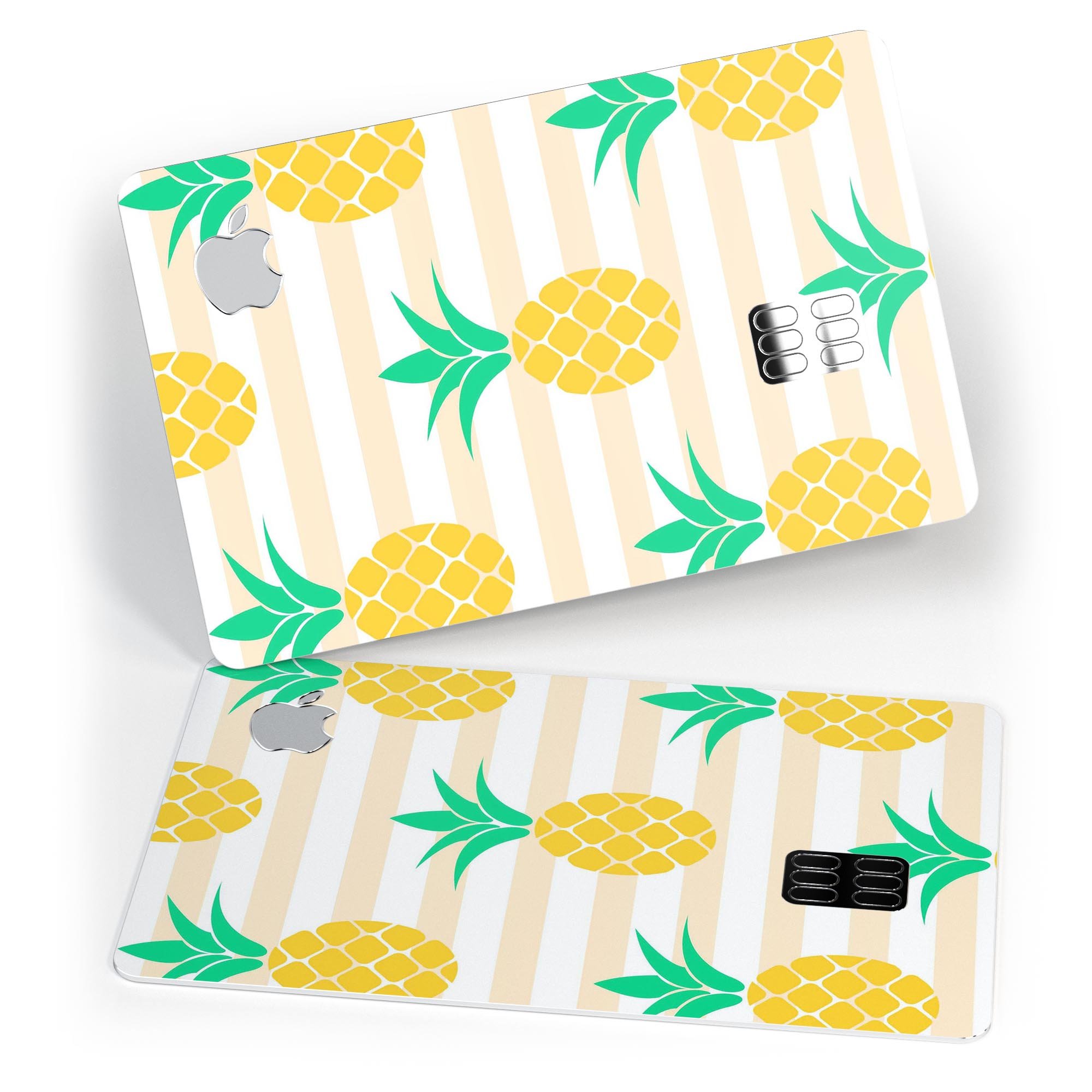 Cartoon Pineapples Over Stripes decal skin for Apple Card, showcasing vibrant colors and a fun design.