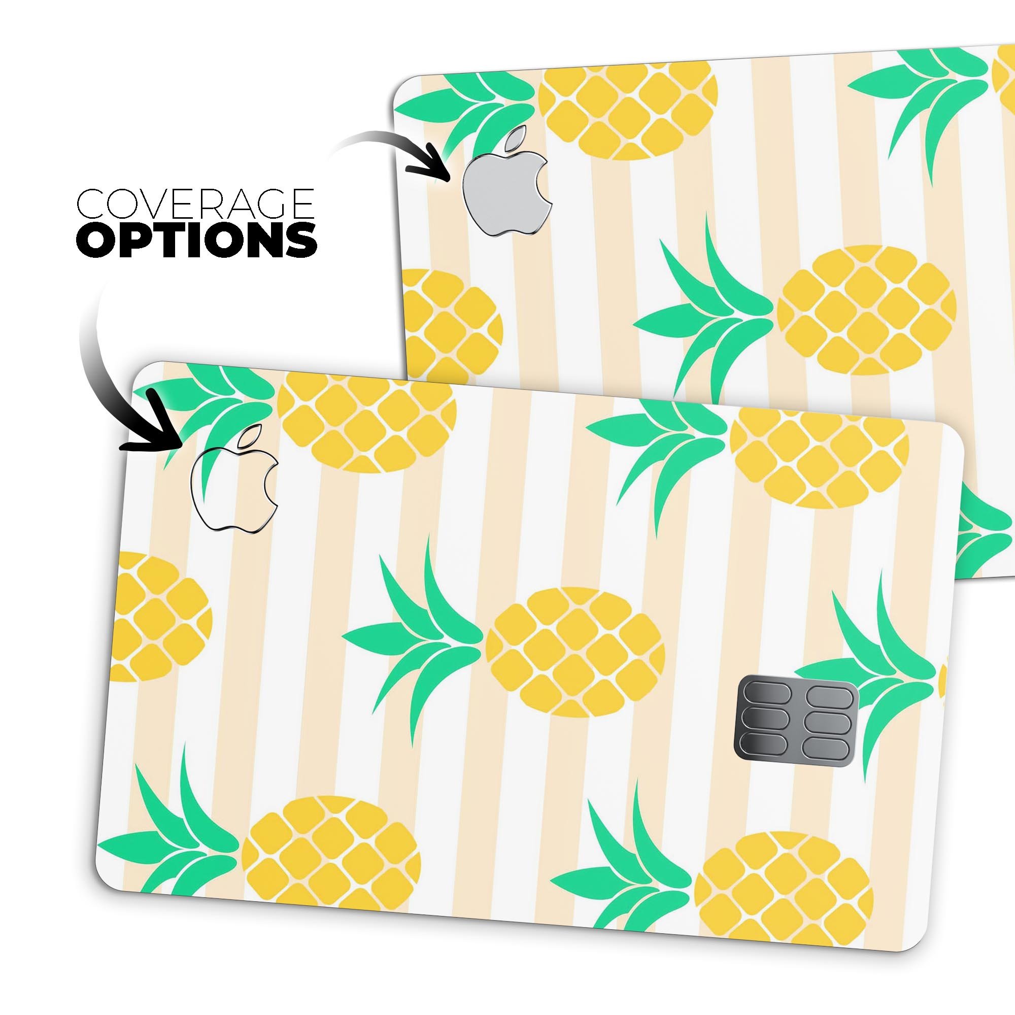 Cartoon Pineapples Over Stripes decal skin for Apple Card, showcasing vibrant colors and a fun design.