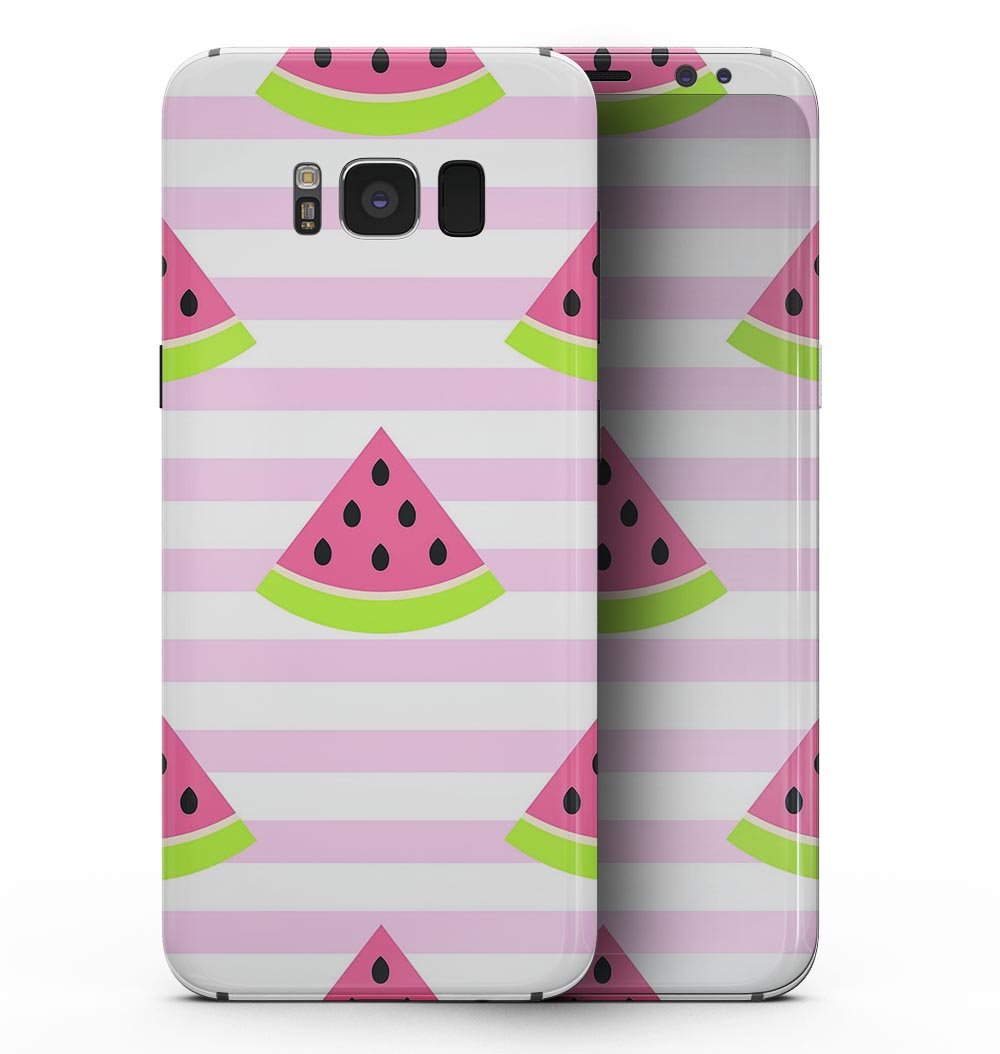 Cartoon Watermelon skin design on Samsung Galaxy S8, featuring vibrant colors and pink stripes.