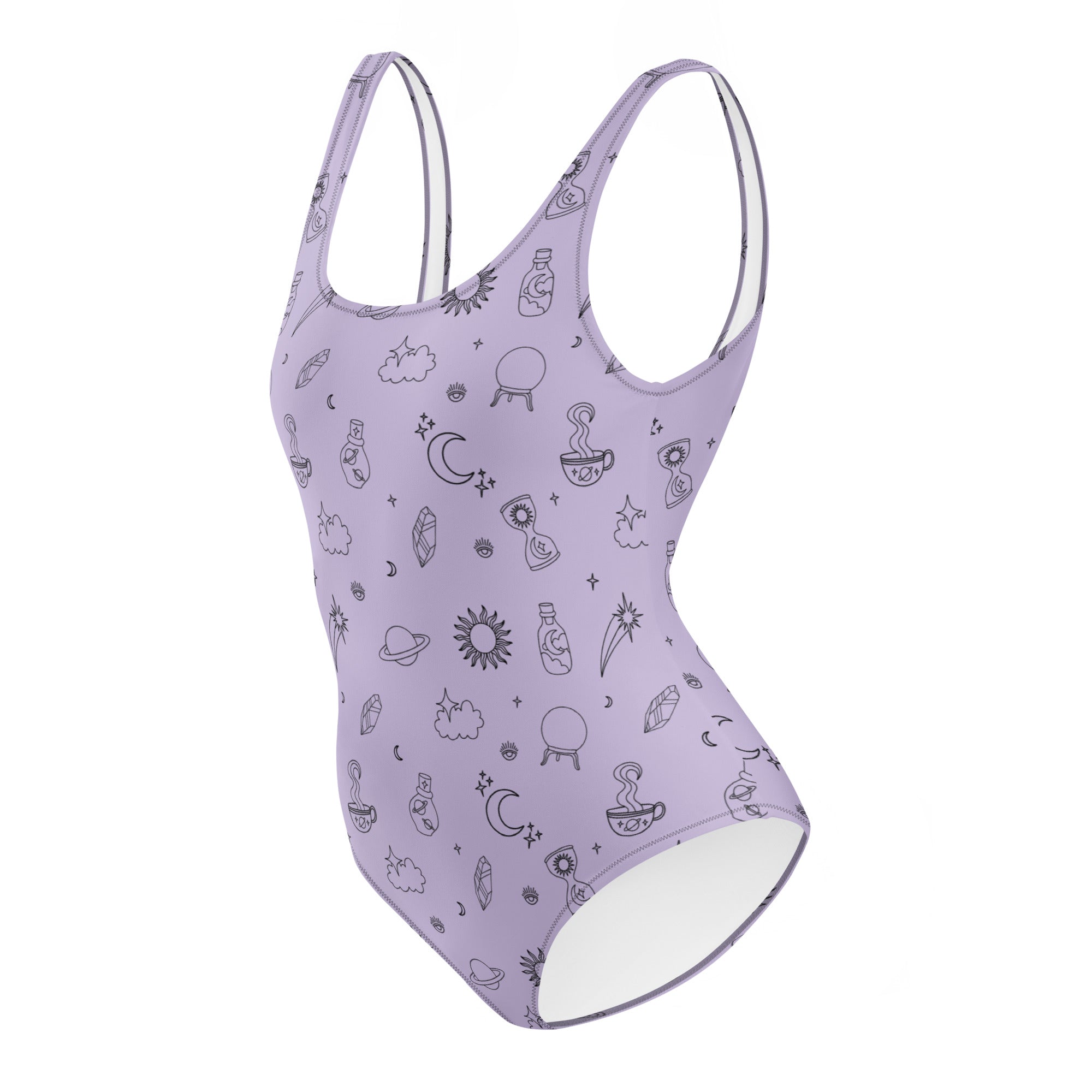 Celestial Magick Swimsuit featuring a scoop neckline and cheeky fit, made from chlorine-resistant fabric.