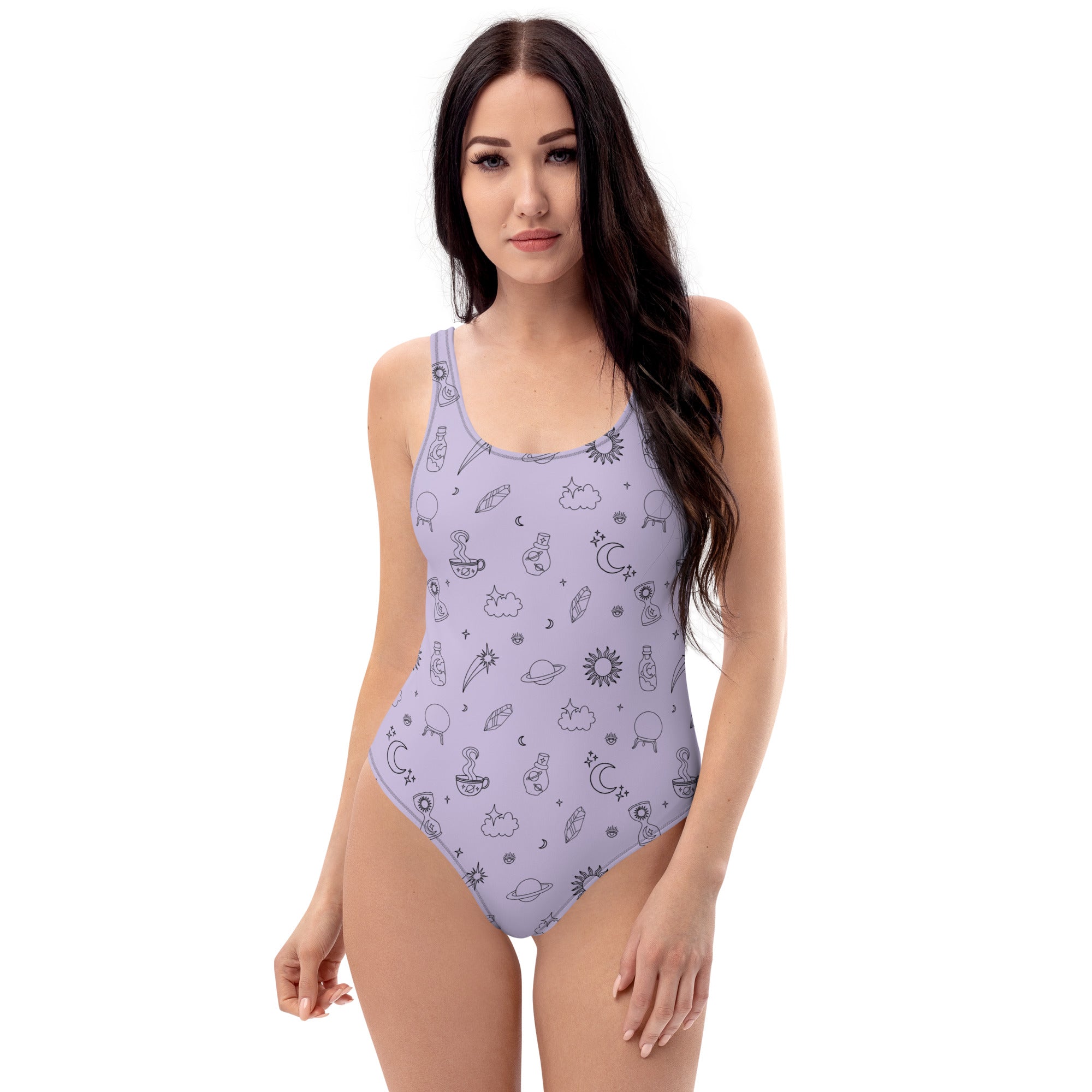 Celestial Magick Swimsuit featuring a scoop neckline and cheeky fit, made from chlorine-resistant fabric.