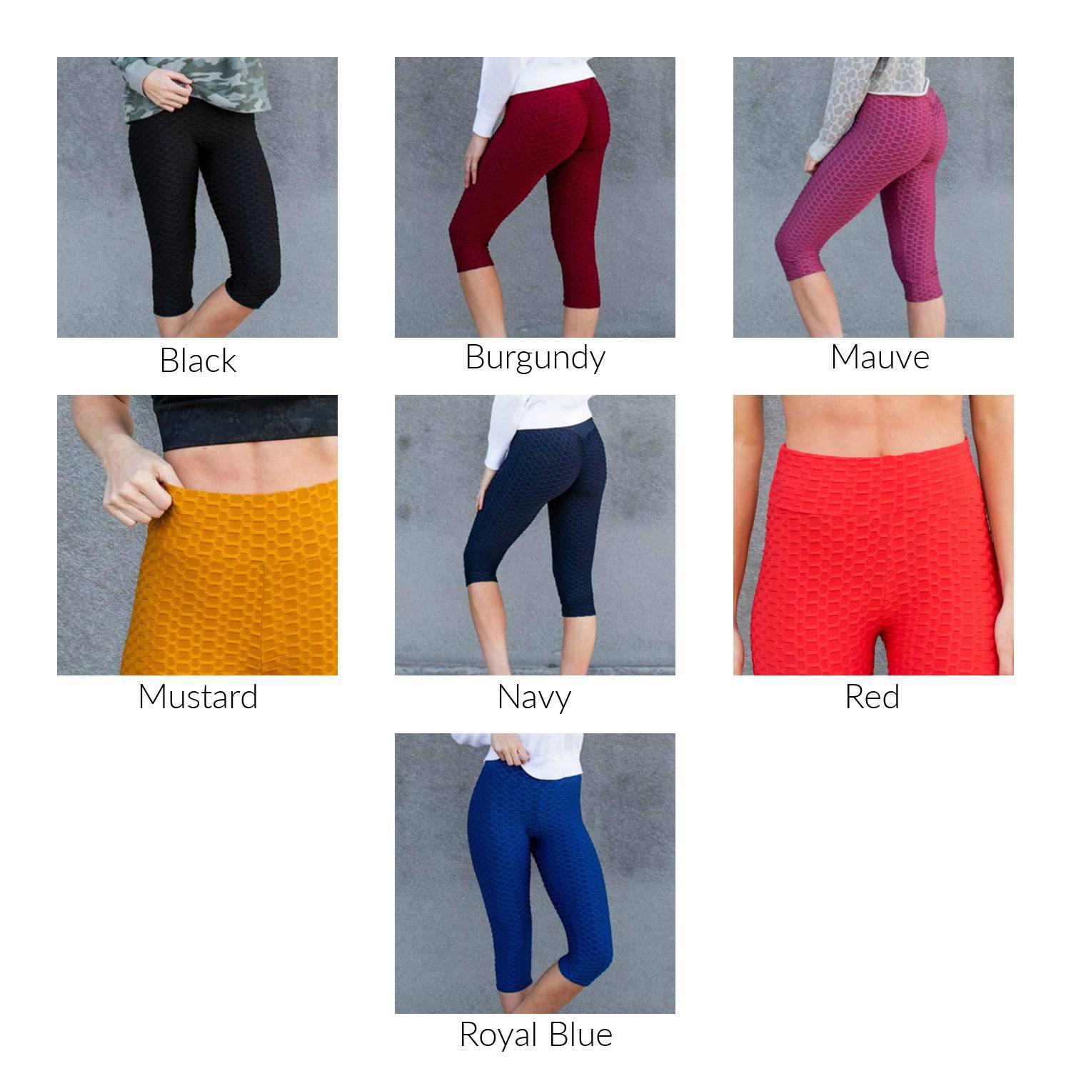 A pair of stylish Cellulite Hiding Capri Leggings in textured fabric, designed to enhance curves and provide comfort.