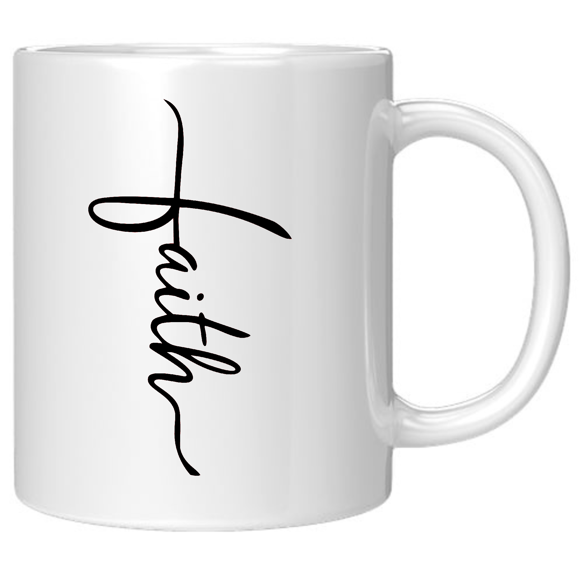 Ceramic coffee mug with a glossy black finish featuring a Faith Script Cross illustration on both sides.