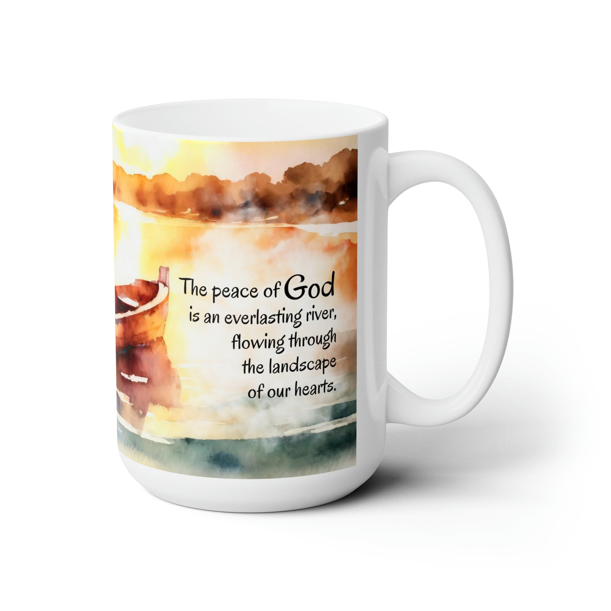 Ceramic mug with Peace of God - Everlasting River illustration, perfect for hot and cold beverages, featuring a comfortable C-handle.