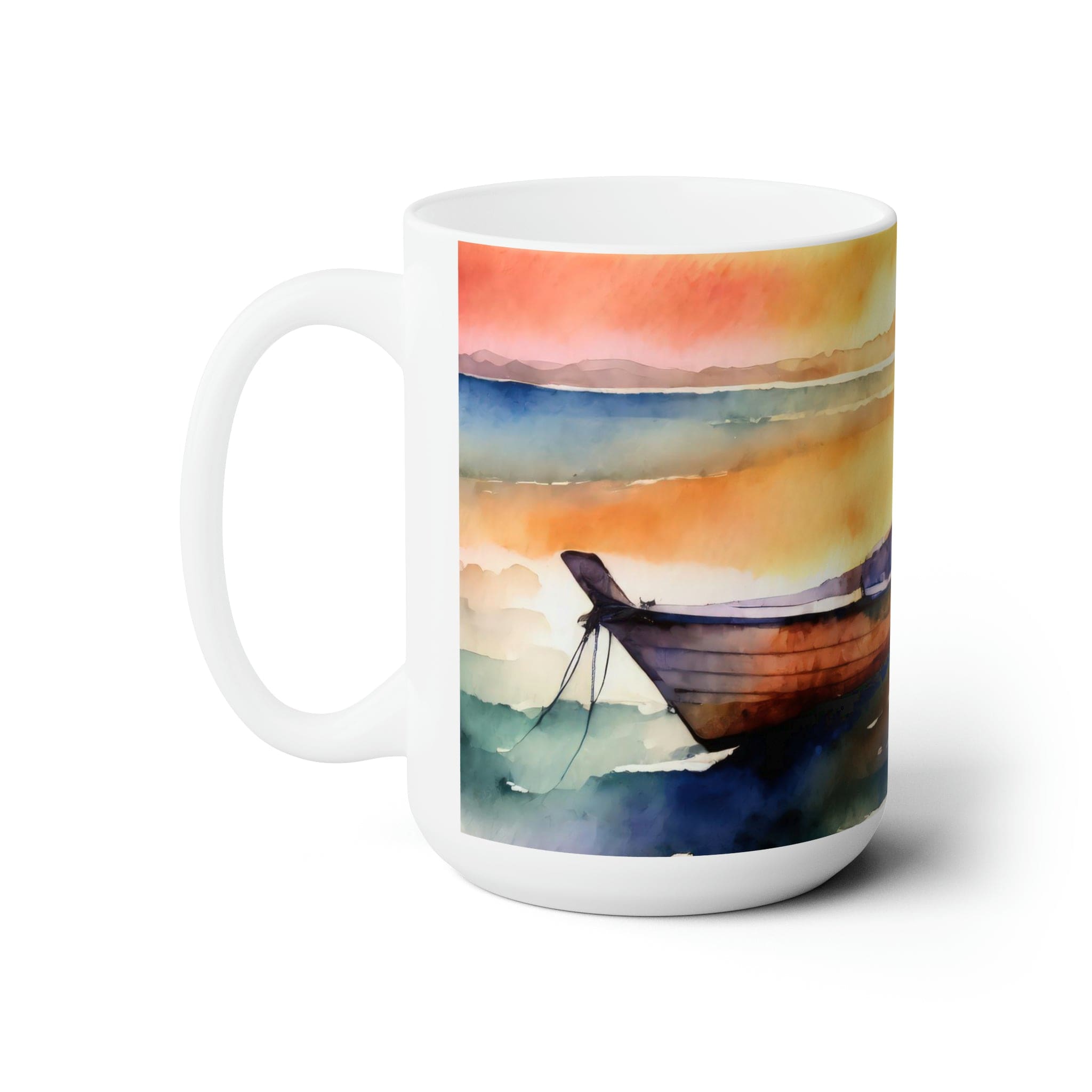 Ceramic mug with Peace of God - Everlasting River illustration, perfect for hot and cold beverages, featuring a comfortable C-handle.